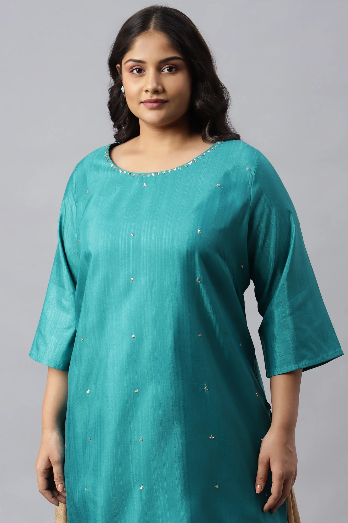 Teal Straight Plus Size kurta With Sequin Highlight - Image 5