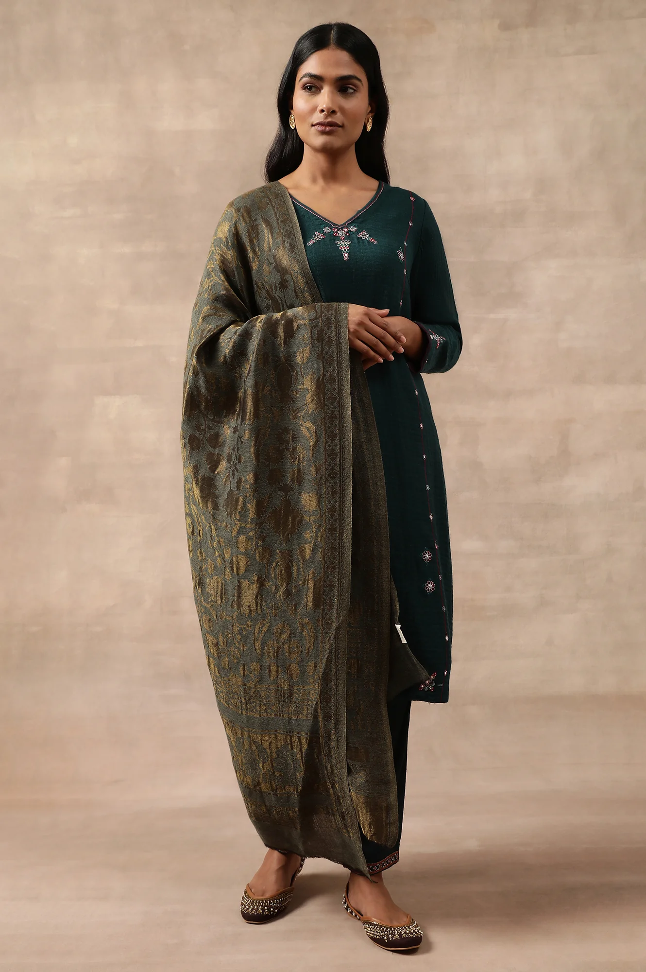 Teal Woollen Embroidered kurta - Image 6