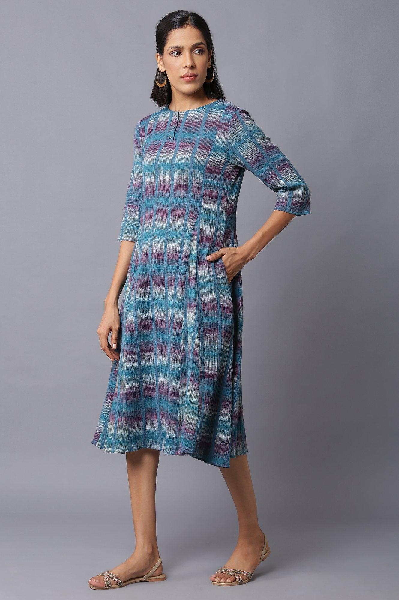 Teal Yarn-Dyed Godet Dress - Image 3