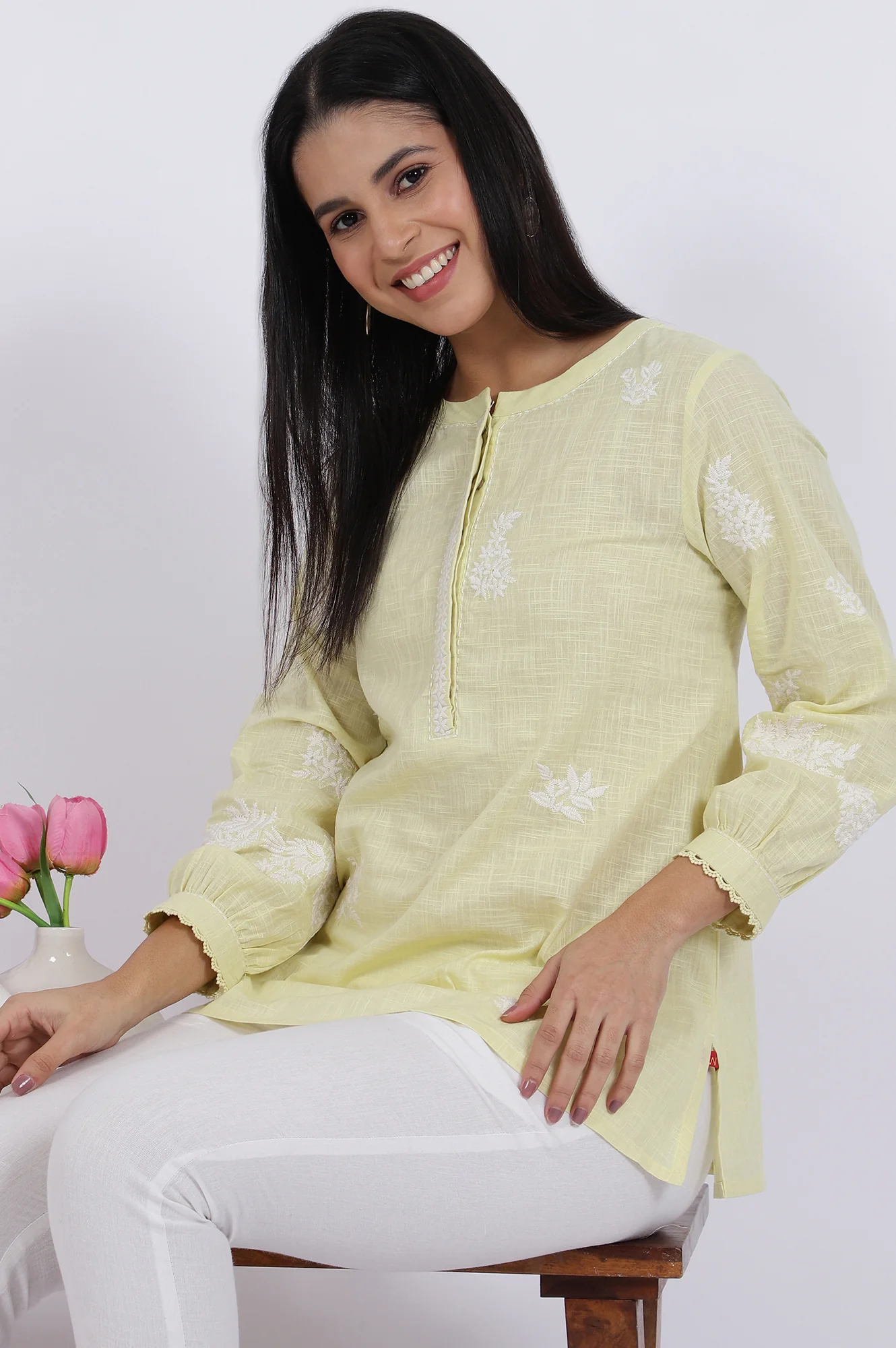 White Thread Embroidered Straight Pure Cotton Ethnic Top - Image 2