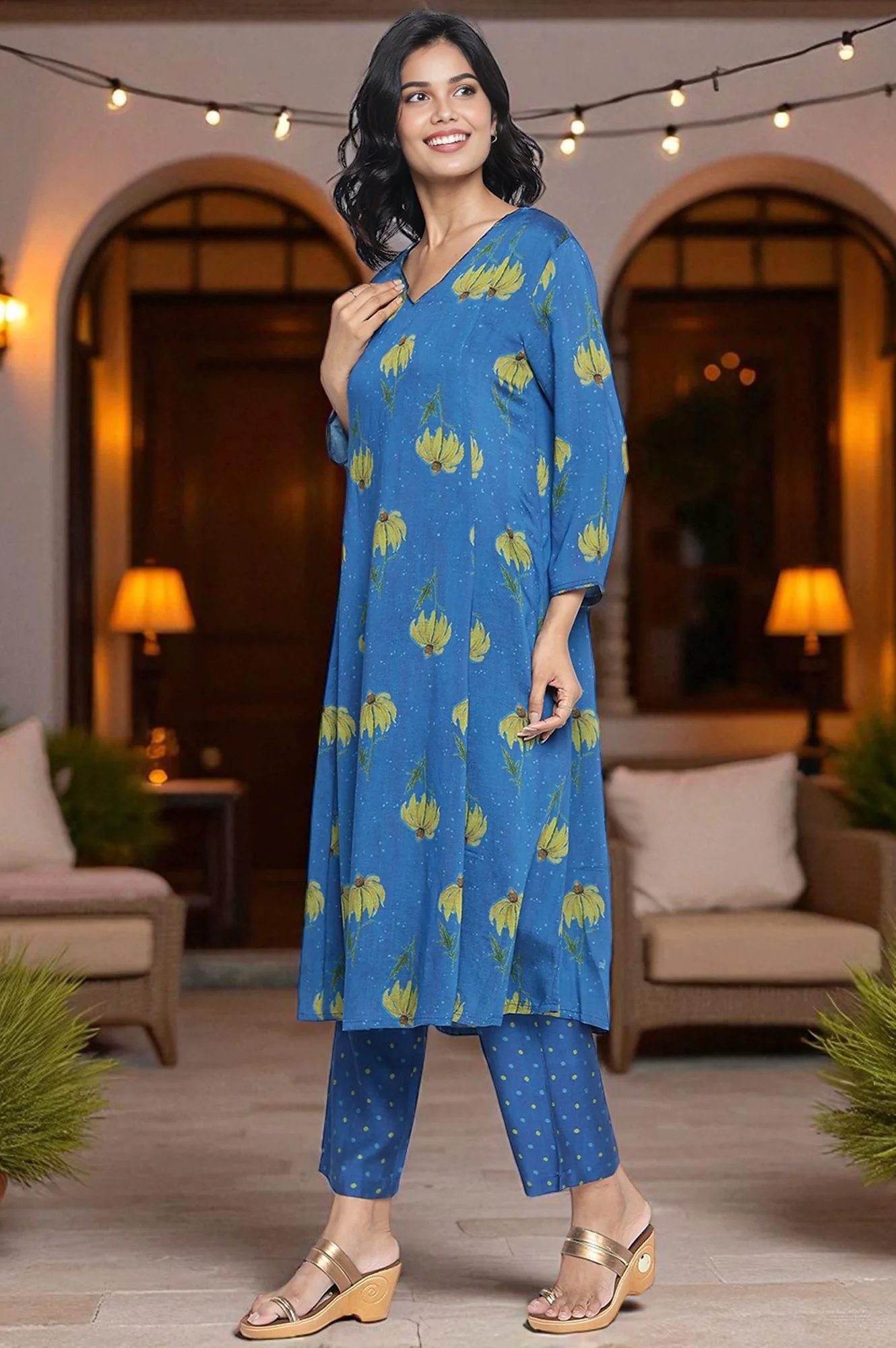 Tropical Blue Printed Crepe Flared Kurta, Straight Pant and Dupatta Set - Image 3