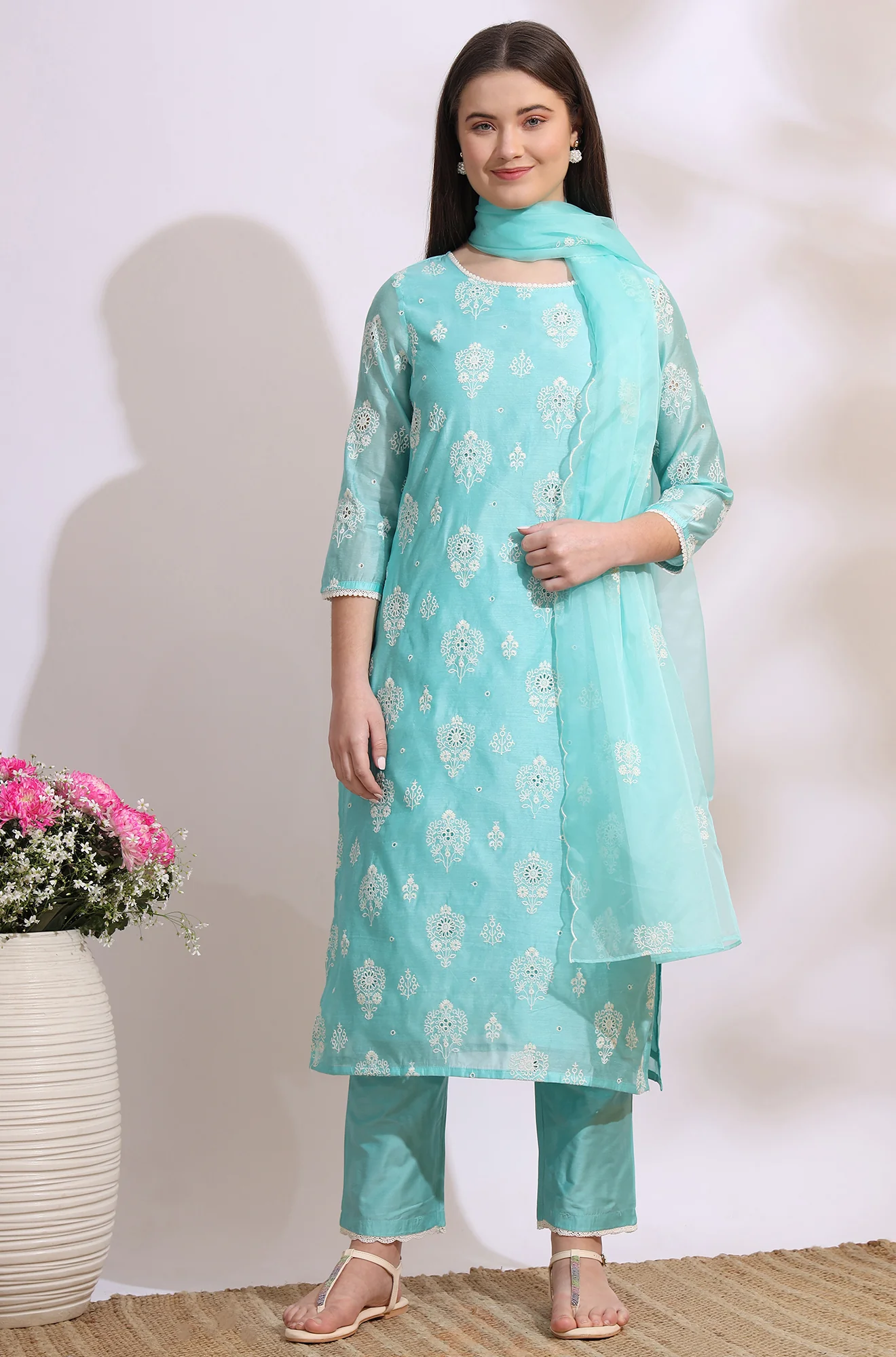 Turquiose Blue Schiffli Embroidered Straight Kurta, Pants and Dupatta Set - Image 3