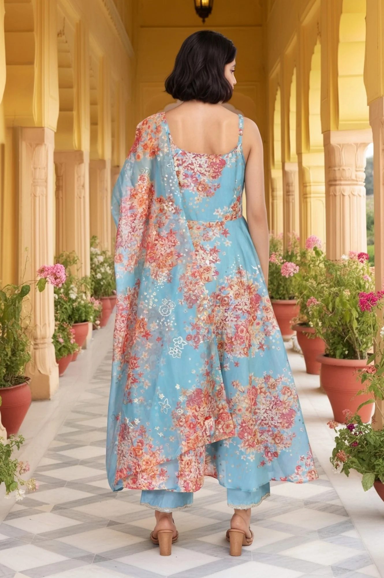 Turquoise Blue Floral Print Sequined Flared Chanderi Kurta with Pant and Dupatta Set - Image 5