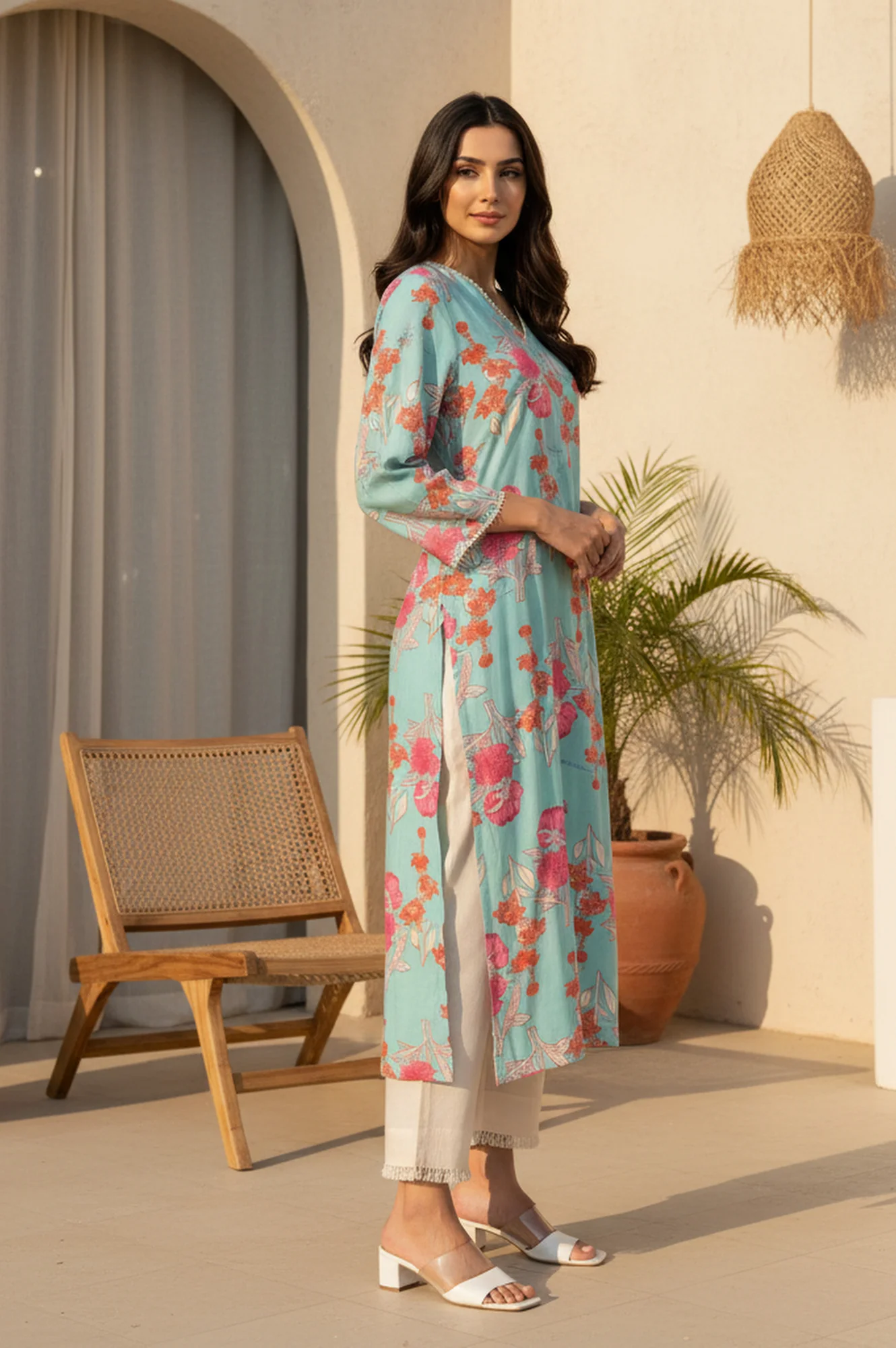 Turquoise Blue Floral Printed Lace Rayon Straight Kurta - Image 5