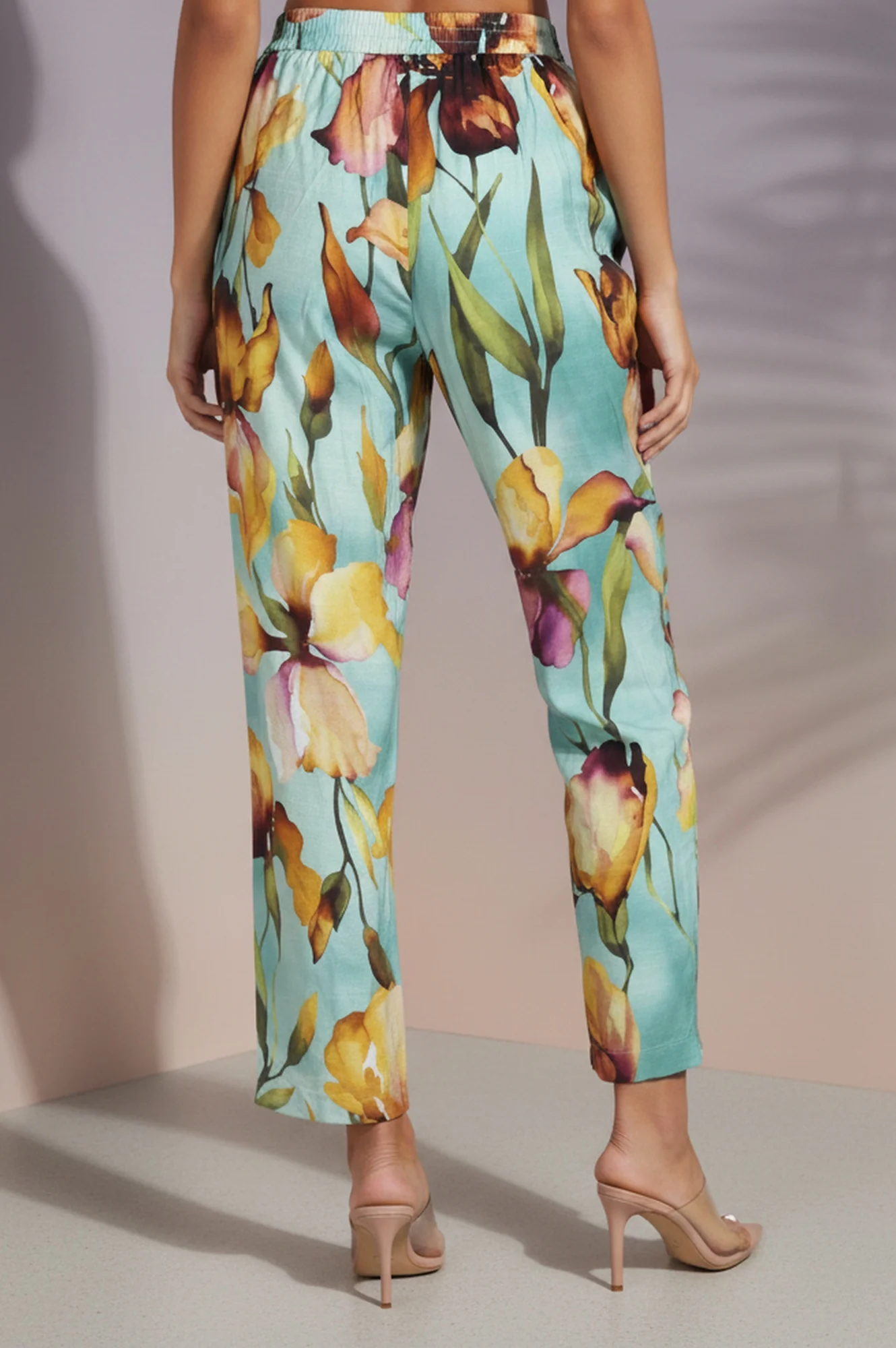 Turquoise Blue Floral Printed Straight Ankle Length Pants - Image 4