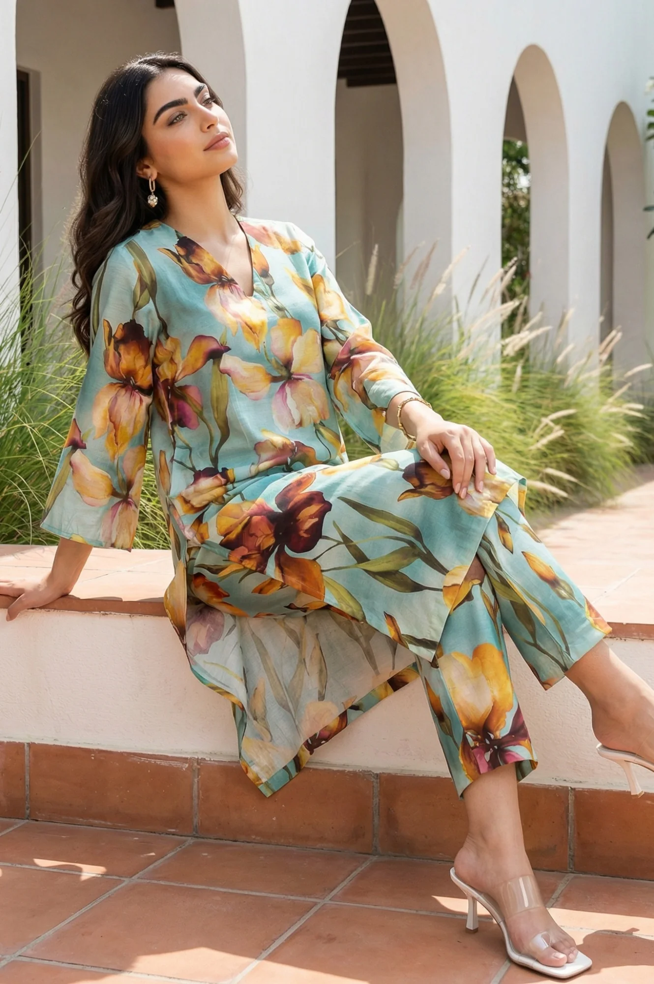 Turquoise Blue Floral Printed Straight Kurta with Pants Co-ord Set - Image 3