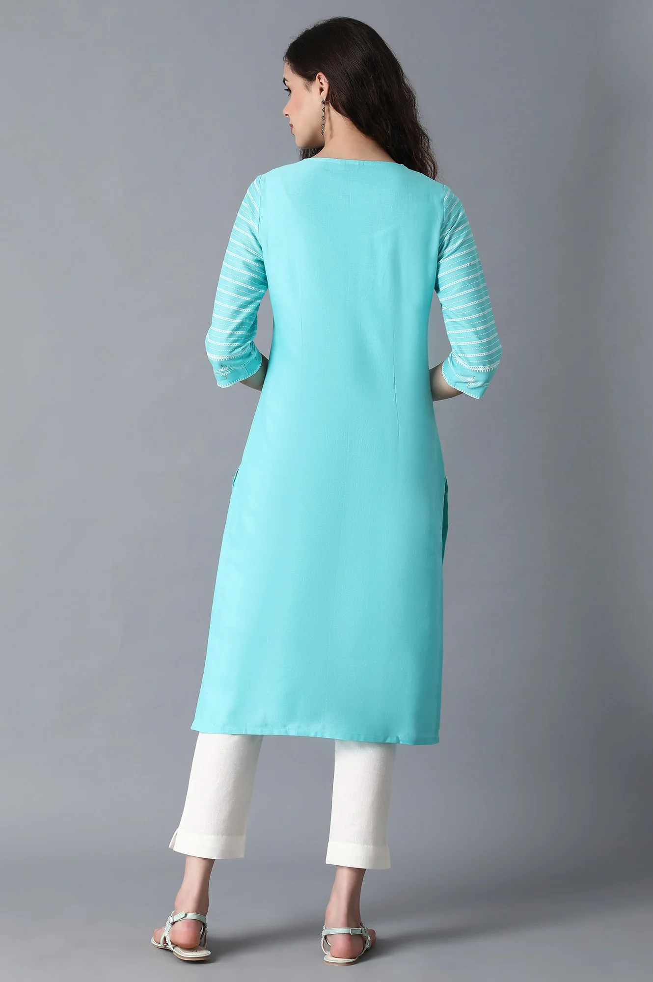 Turquoise Round Neck Printed kurta - Image 2