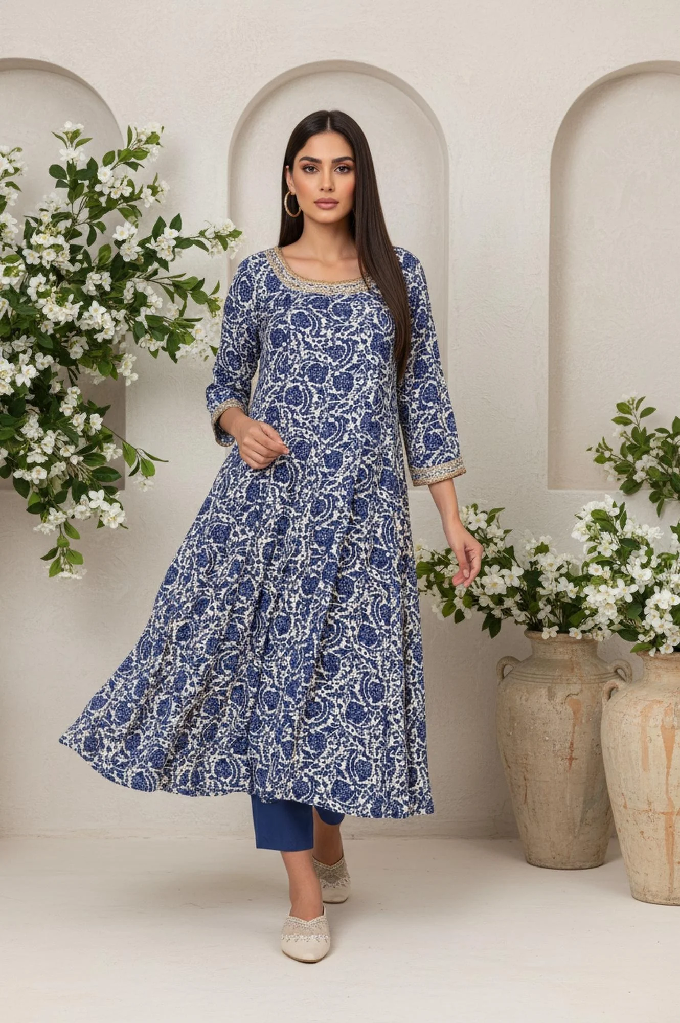 W for Woman Blue Floral Thread Work Flared Rayon Kurta - Image 2