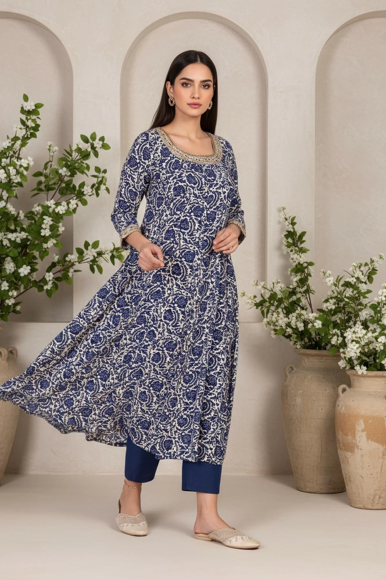 W for Woman Blue Floral Thread Work Flared Rayon Kurta - Image 4