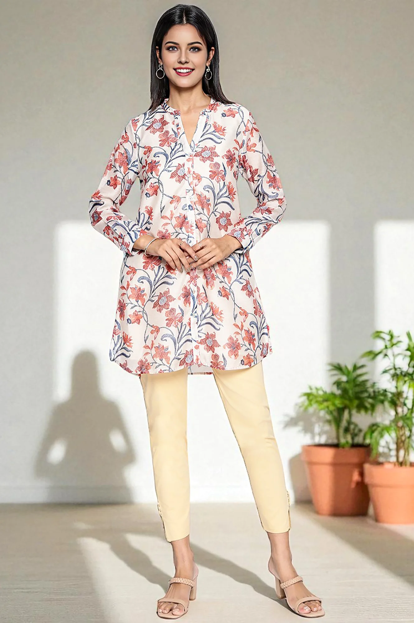 Walnut Beige Printed Chanderi Straight Tunic - Image 2