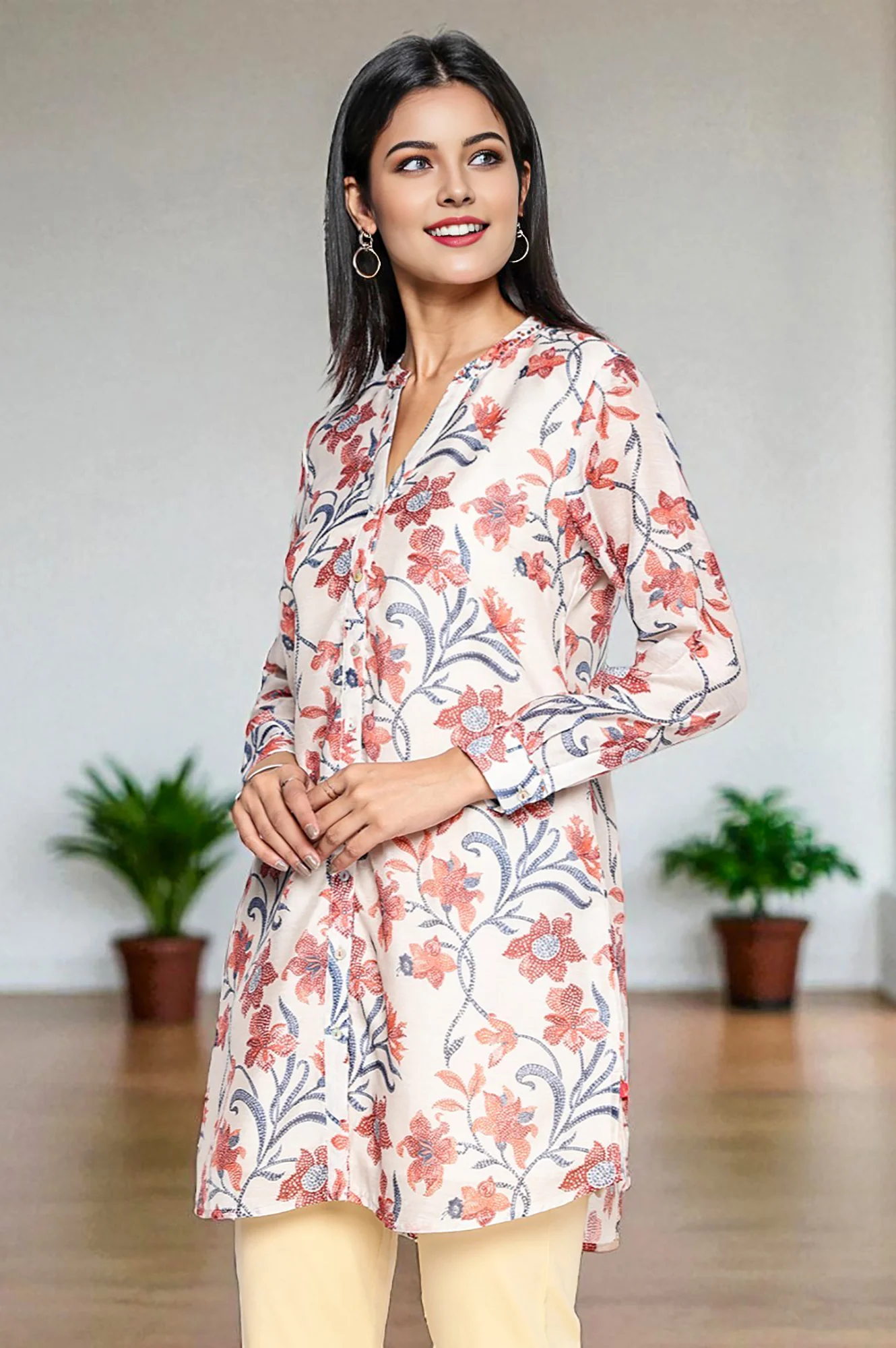 Walnut Beige Printed Chanderi Straight Tunic - Image 4