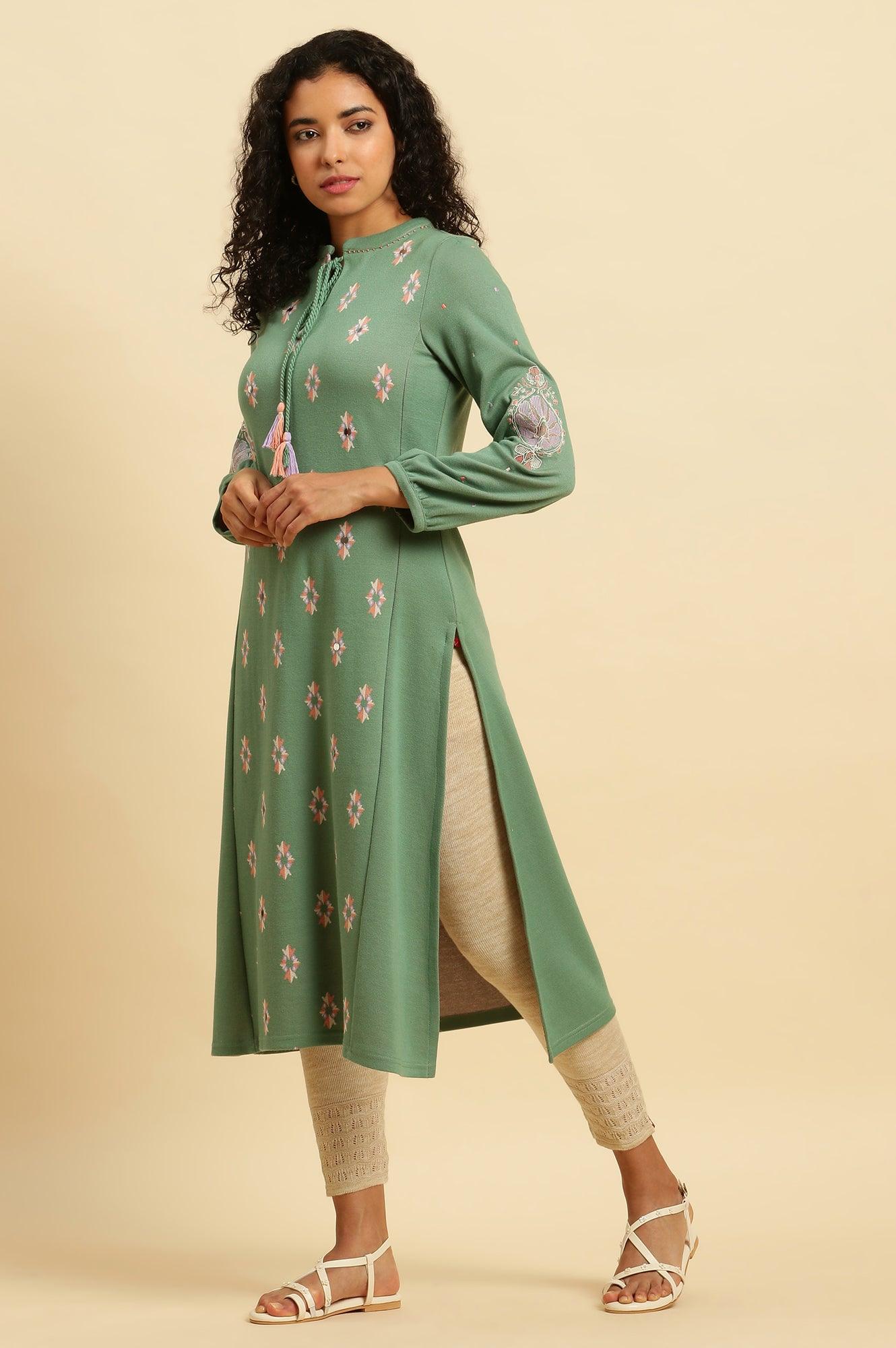 Wasabi Green Printed Winter Kurta And Tights Set - Image 3