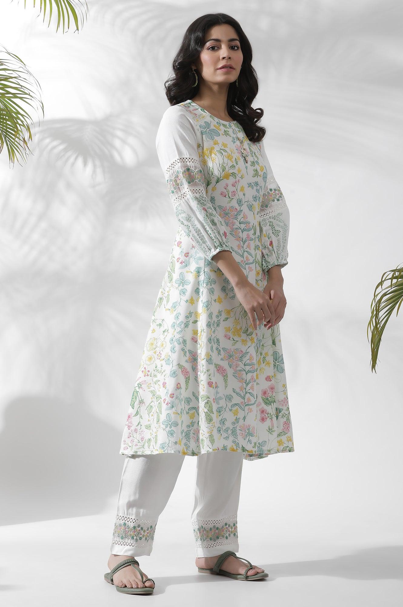 White A-Line Floral Printed Kurta - Image 5