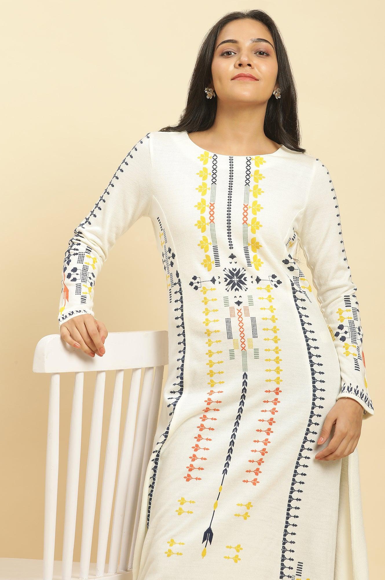 White A-Line Kurta In Multicoloured Print And Tights Set - Image 6