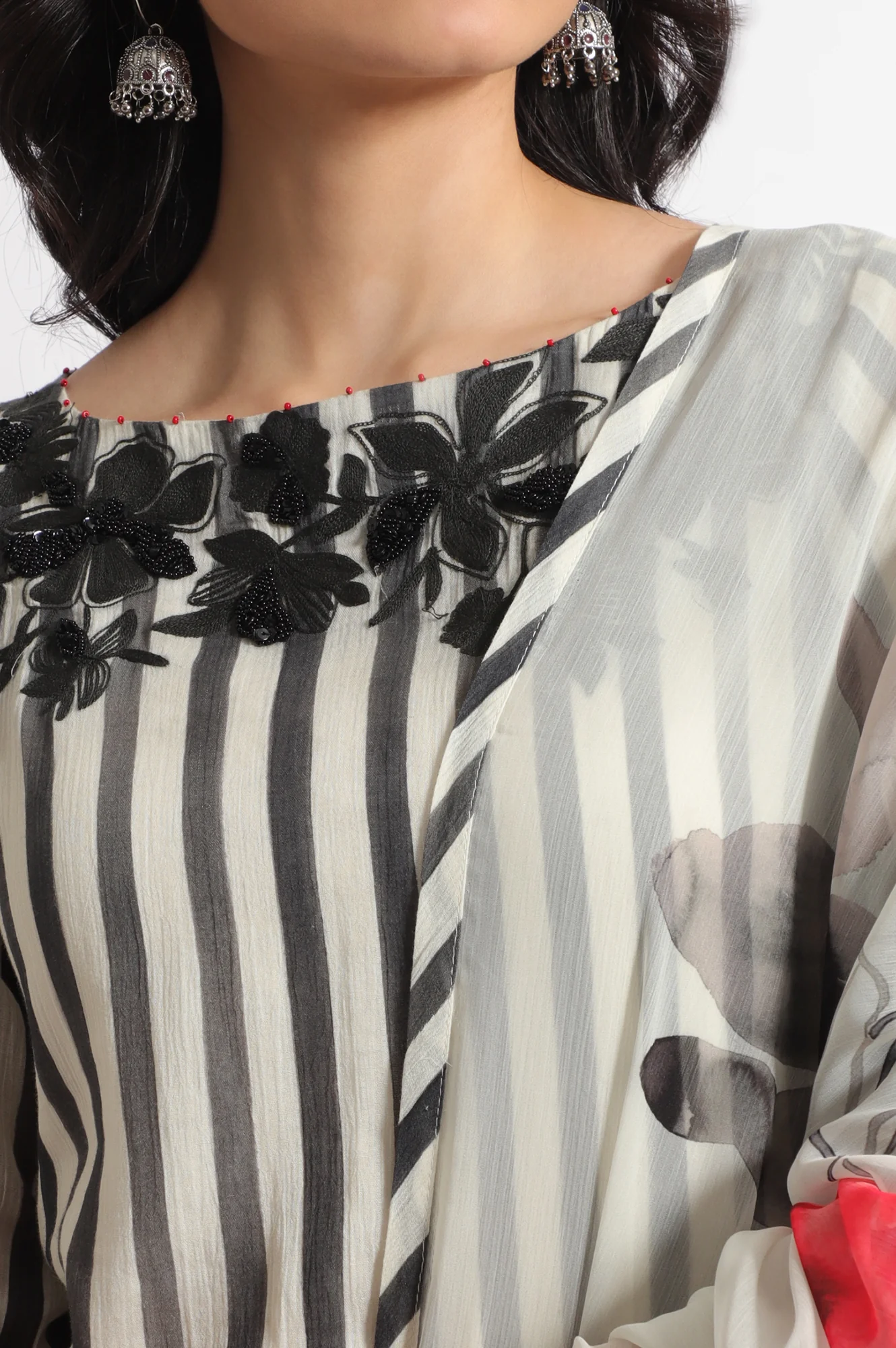 White and Black Embroidered Striped Cotton Crepe Kurta and Straight Pants and Dupatta Set - Image 3