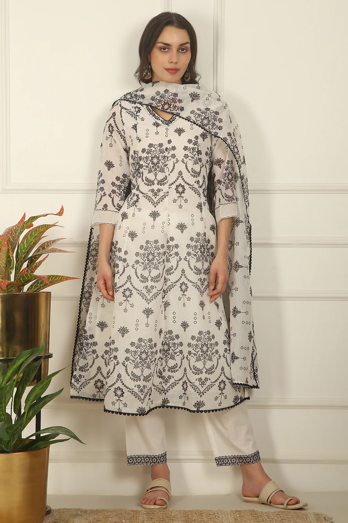 White and Black Floral Printed Kota Flared Kurta, Pants and Dupatta Set