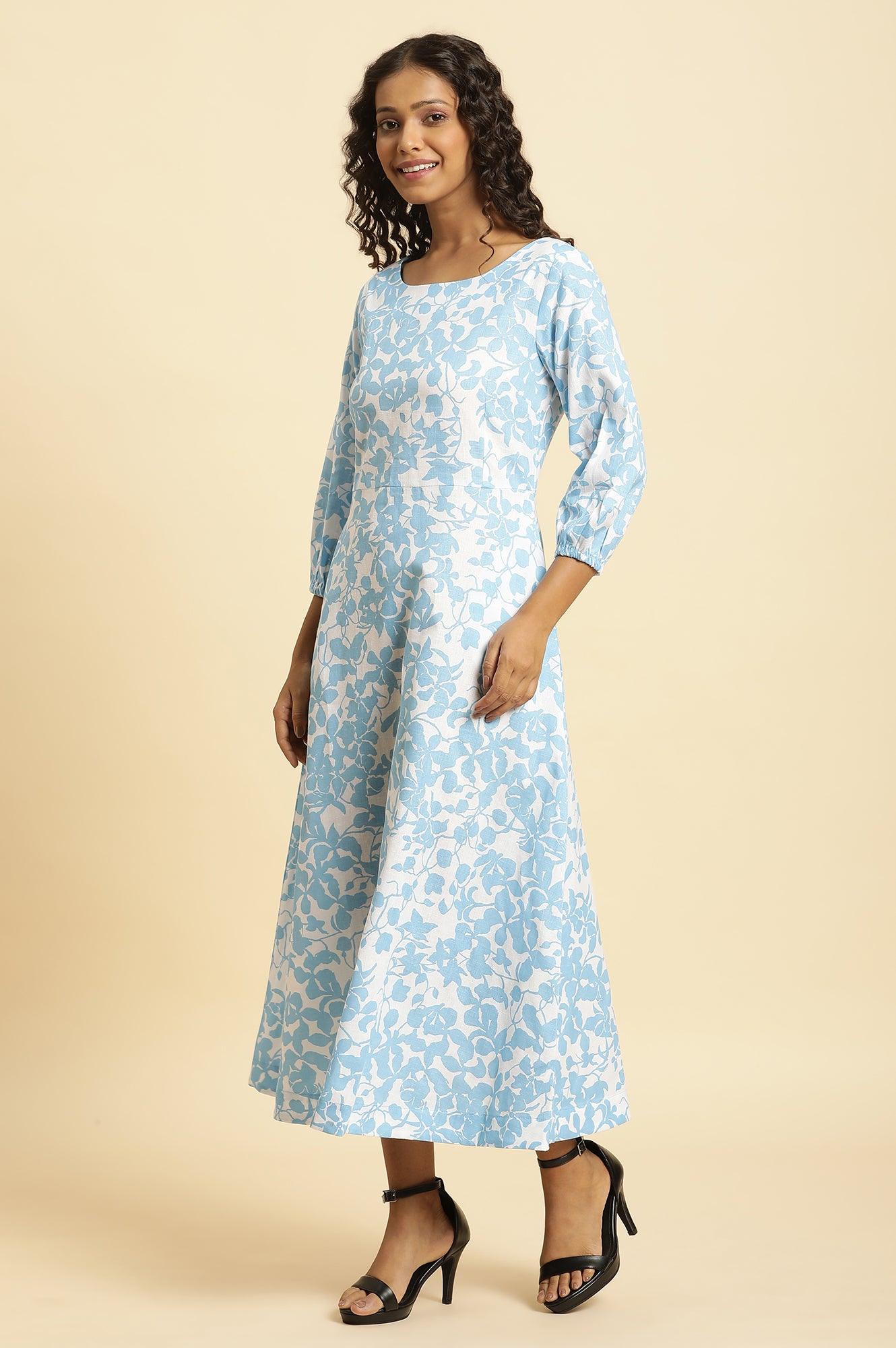 White And Blue Floral Printed Flared Long Dress - Image 3