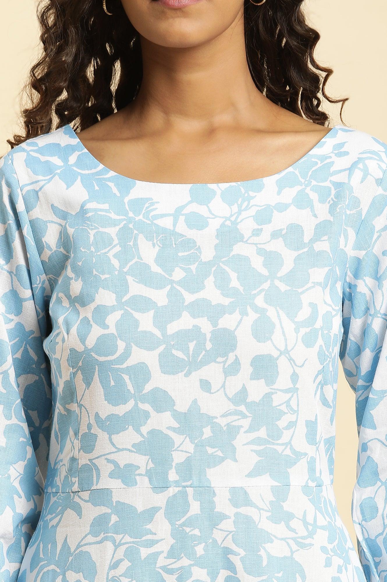 White And Blue Floral Printed Flared Long Dress - Image 6