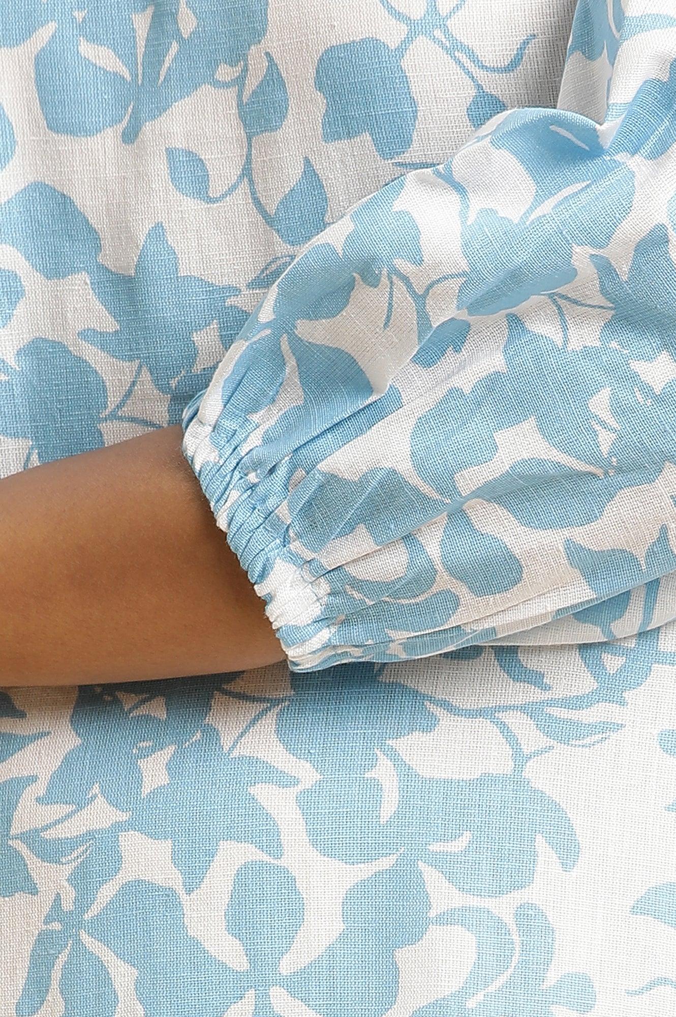 White And Blue Floral Printed Flared Long Dress - Image 7