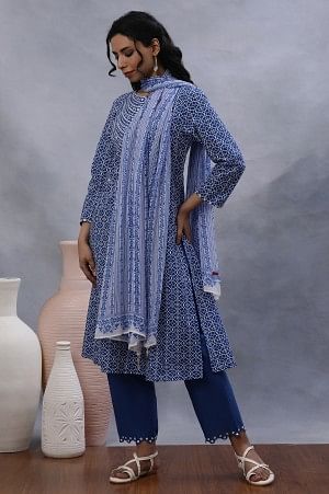 White And Blue Printed Dupatta - Image 3