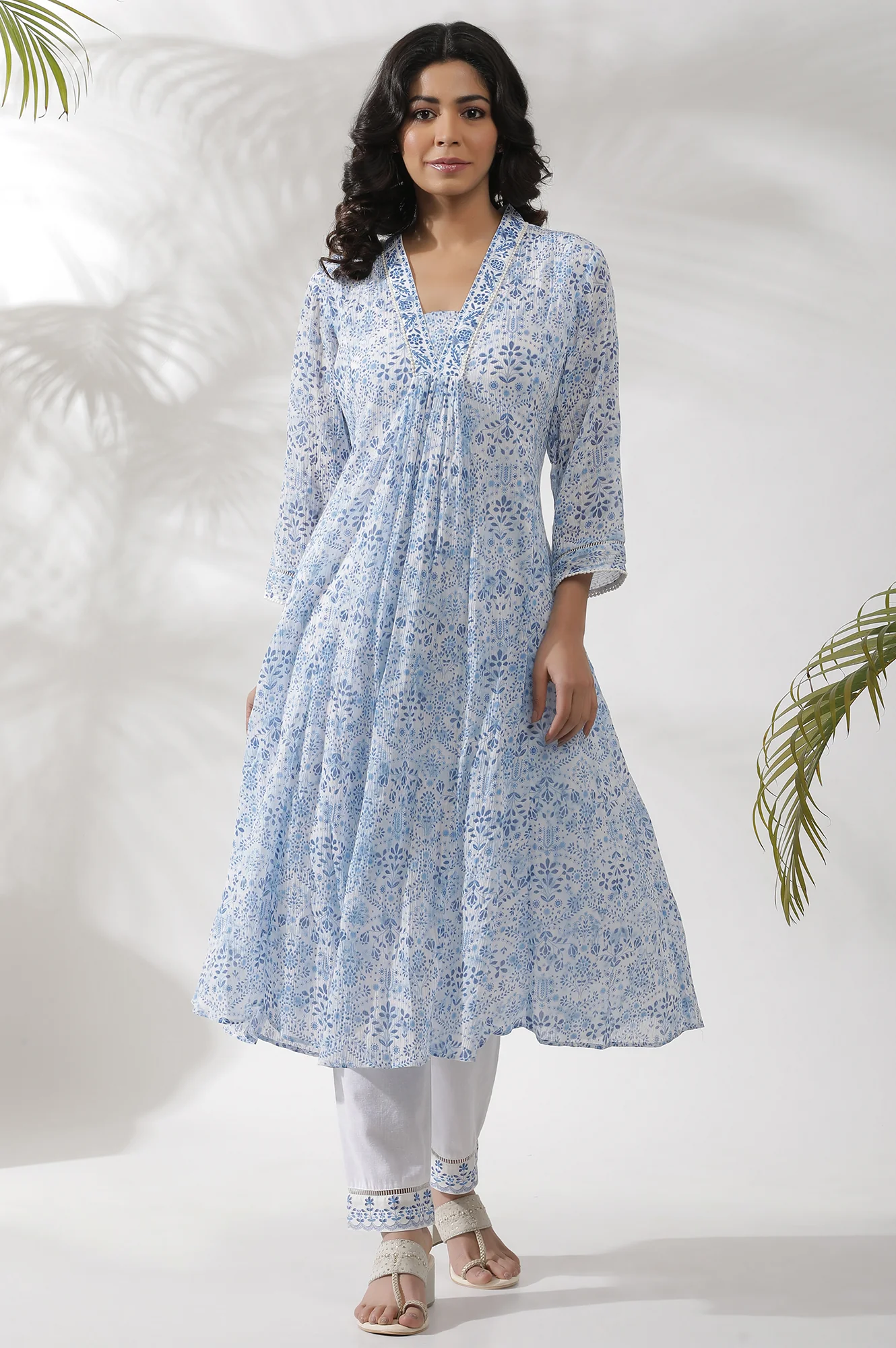White And Blue Printed Flared Crinkle Kurta - Image 2