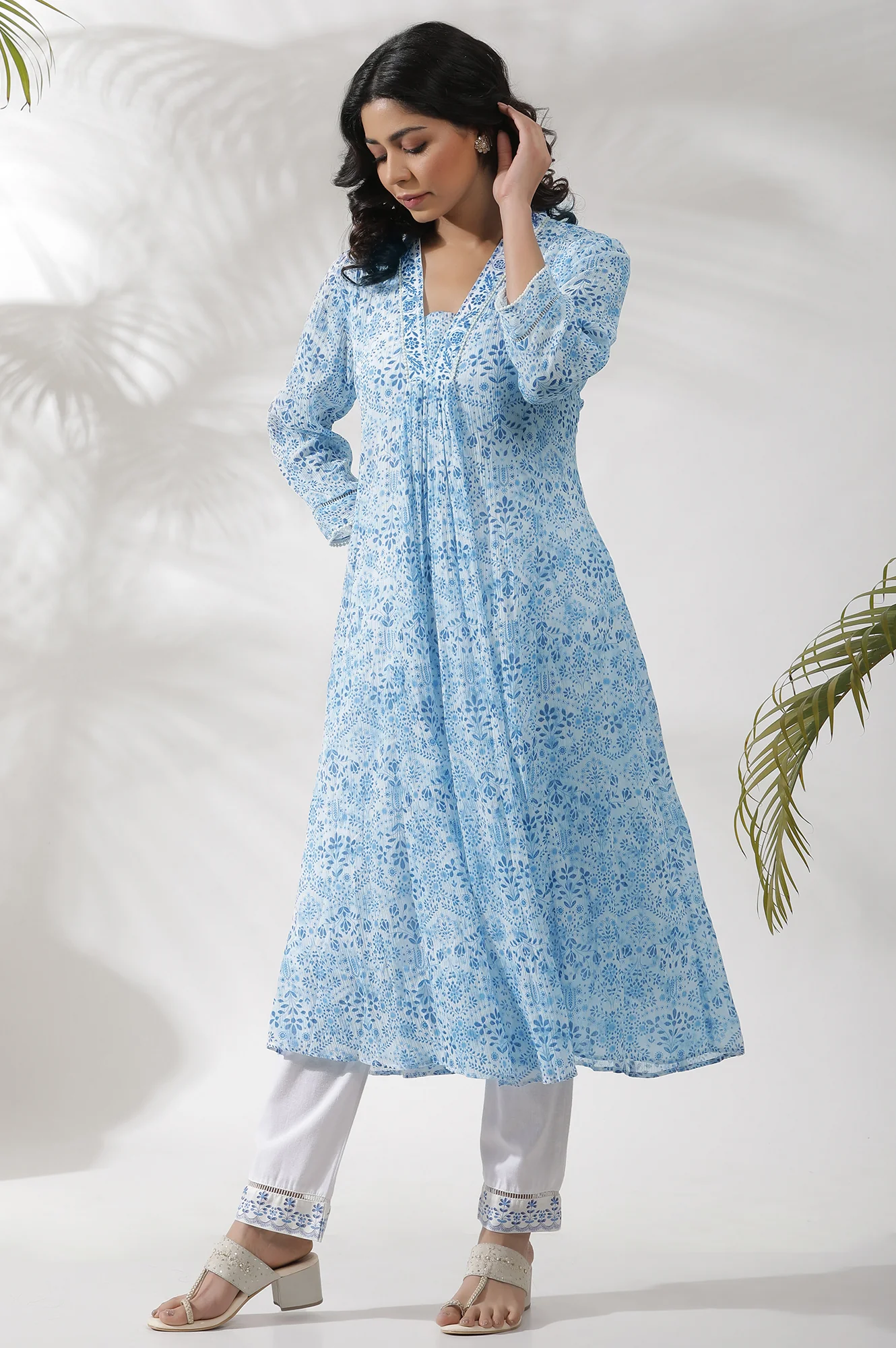 White and Blue Printed Kurta and Pants Set