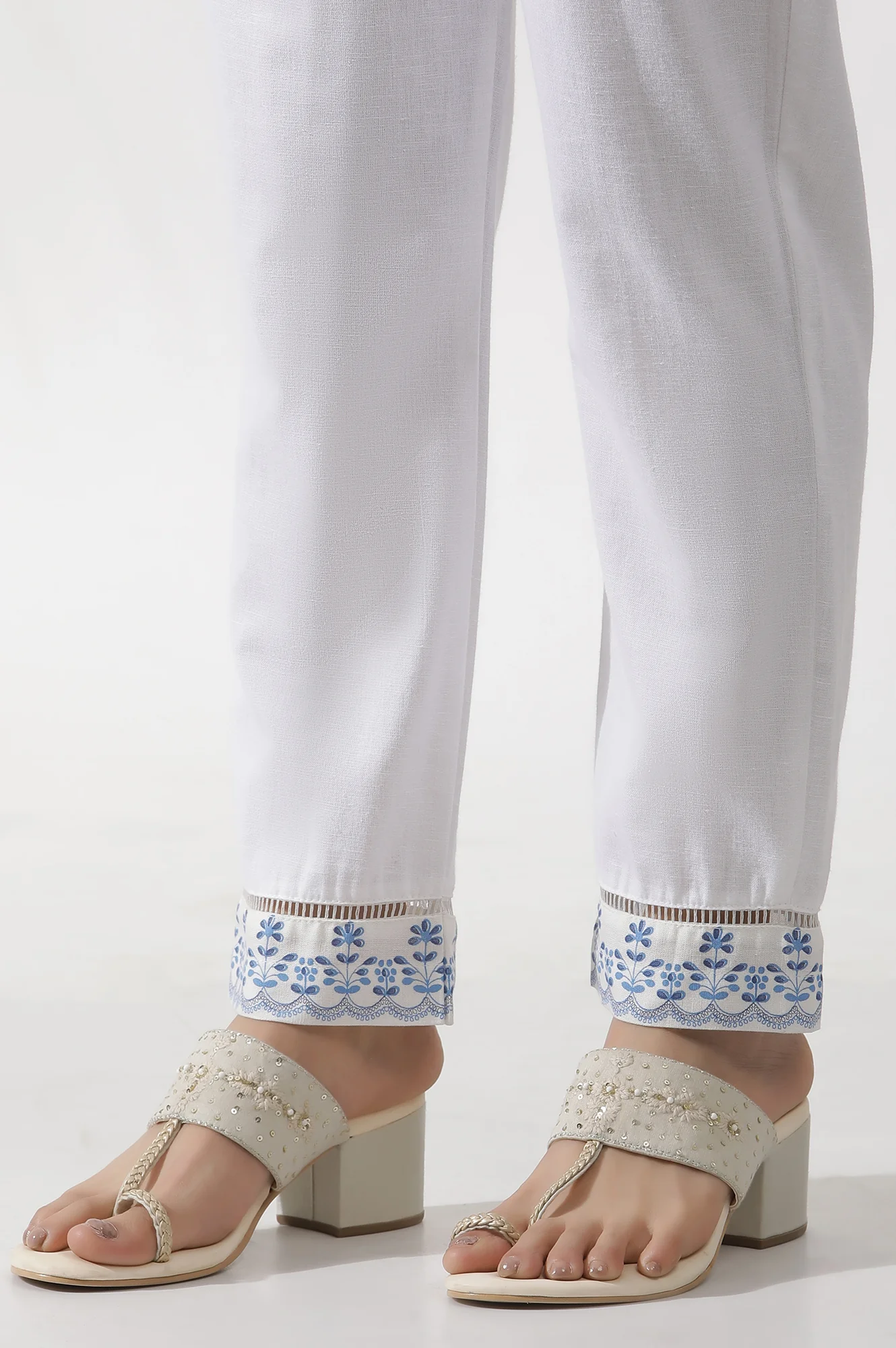 White and Blue Printed Kurta and Pants Set - Image 9