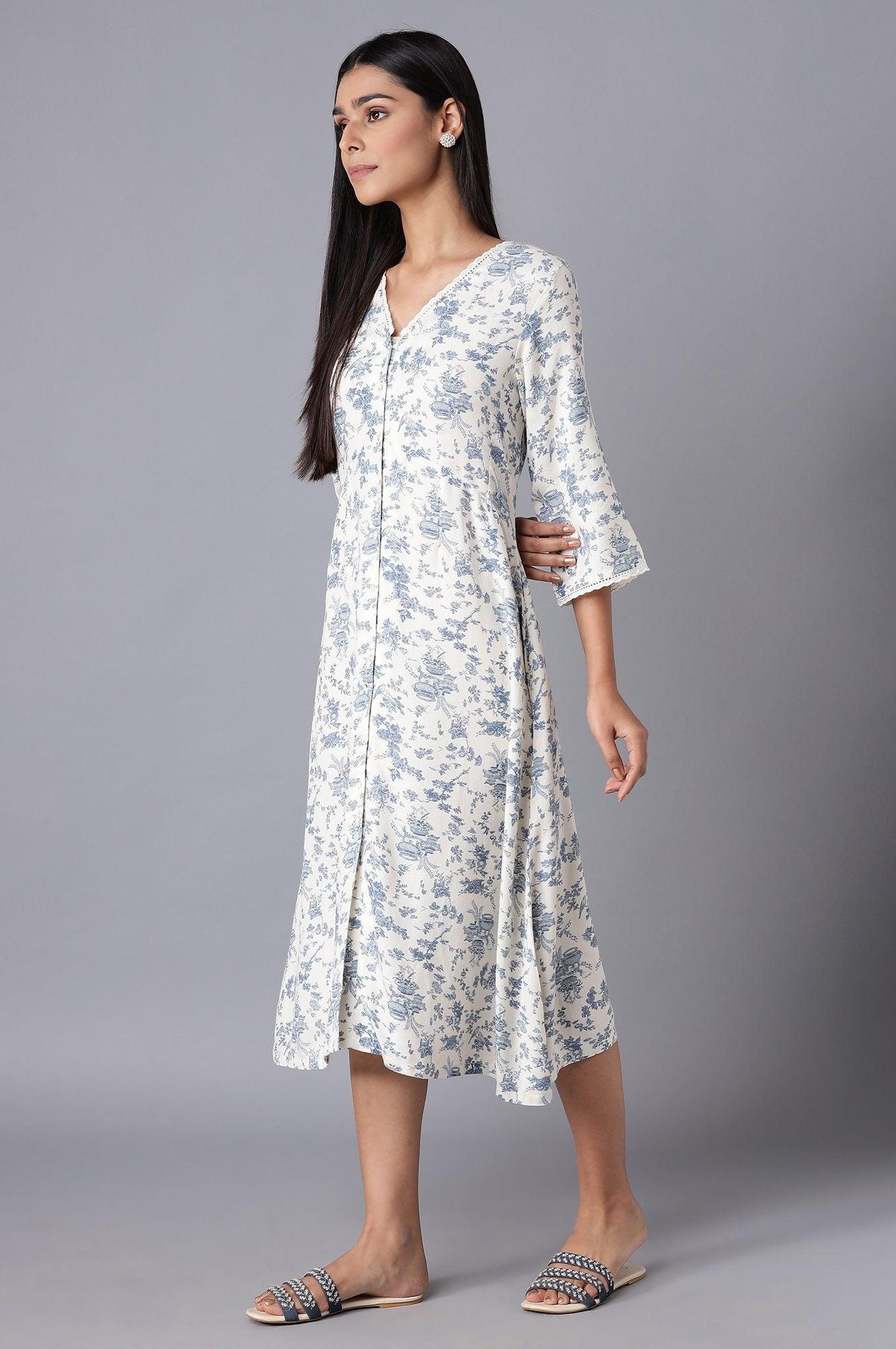 White Cotton Midi Dress with Blue Print - Image 3