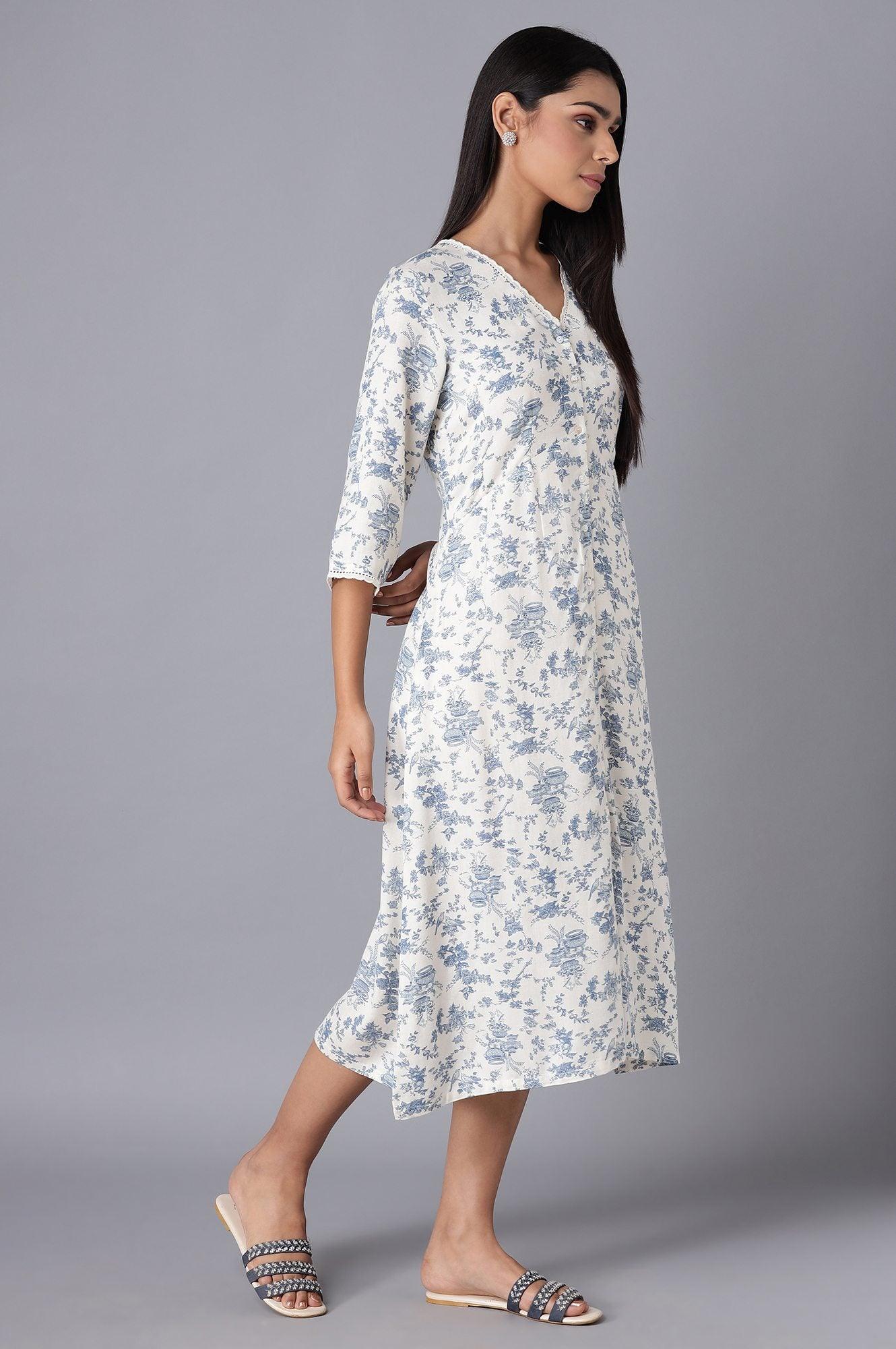 White Cotton Midi Dress with Blue Print - Image 4