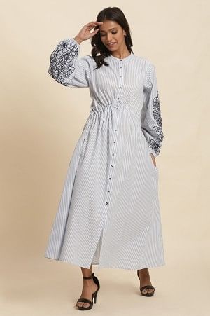 White And Blue Striped Embroidered Dress - Image 2