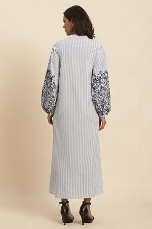 White And Blue Striped Embroidered Dress - Image 4