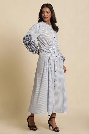 White And Blue Striped Embroidered Dress - Image 5
