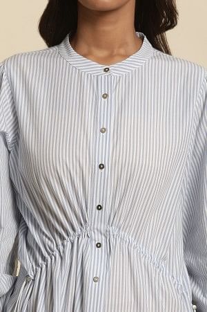 White And Blue Striped Embroidered Dress - Image 6