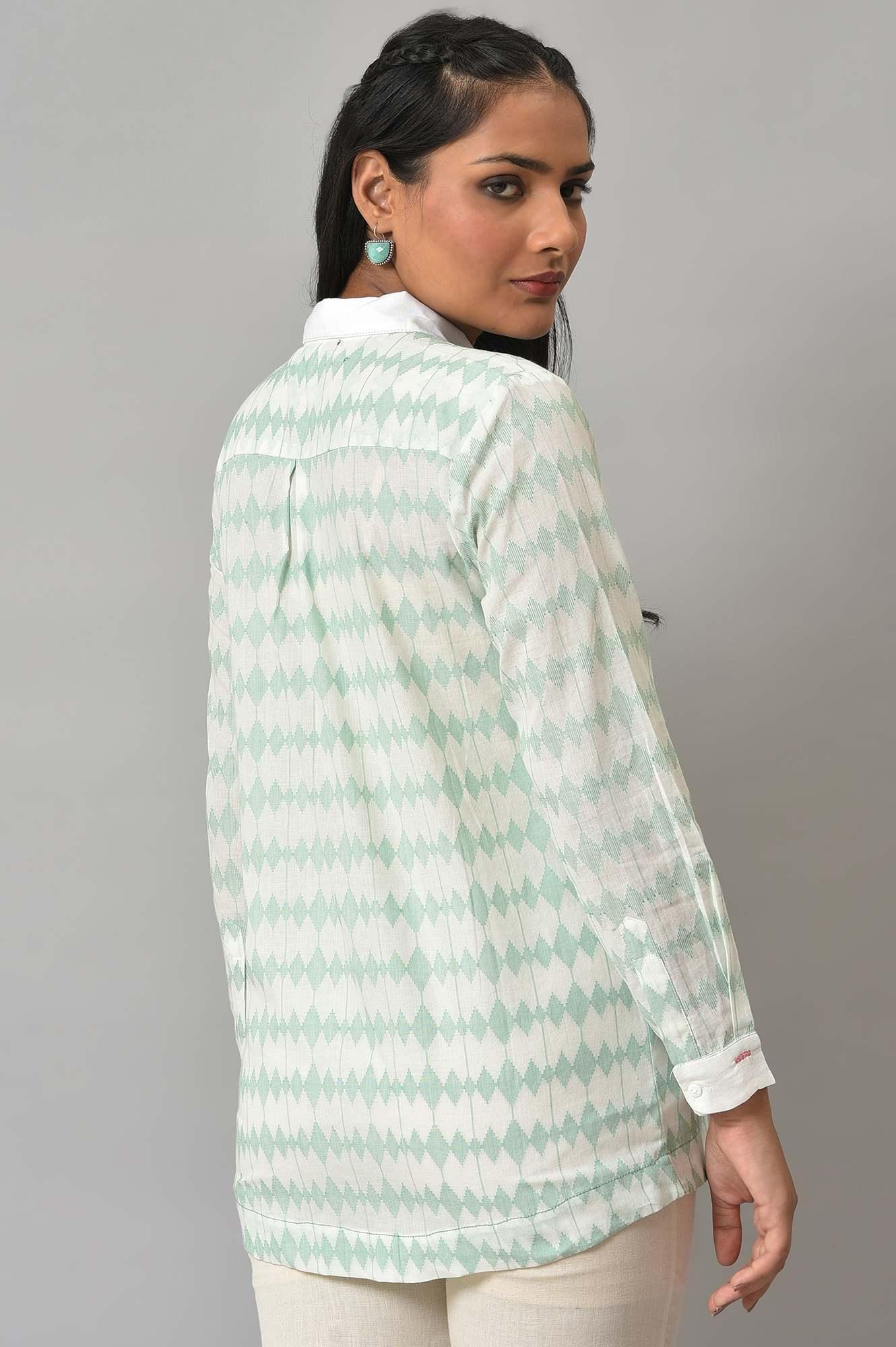 White And Green Dobby Textured Shirt - Image 2