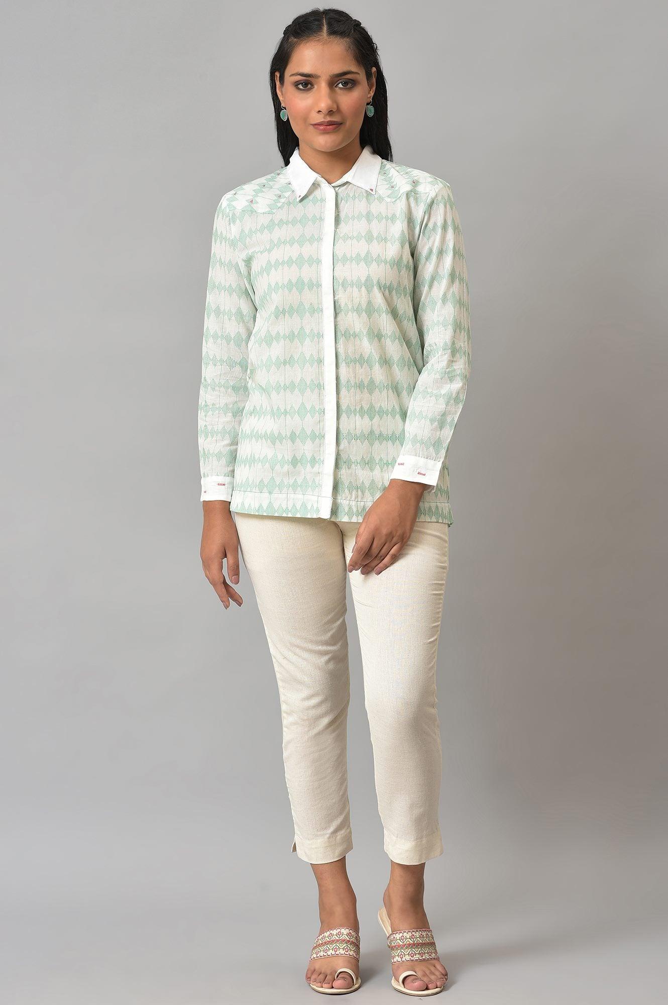 White And Green Dobby Textured Shirt - Image 6