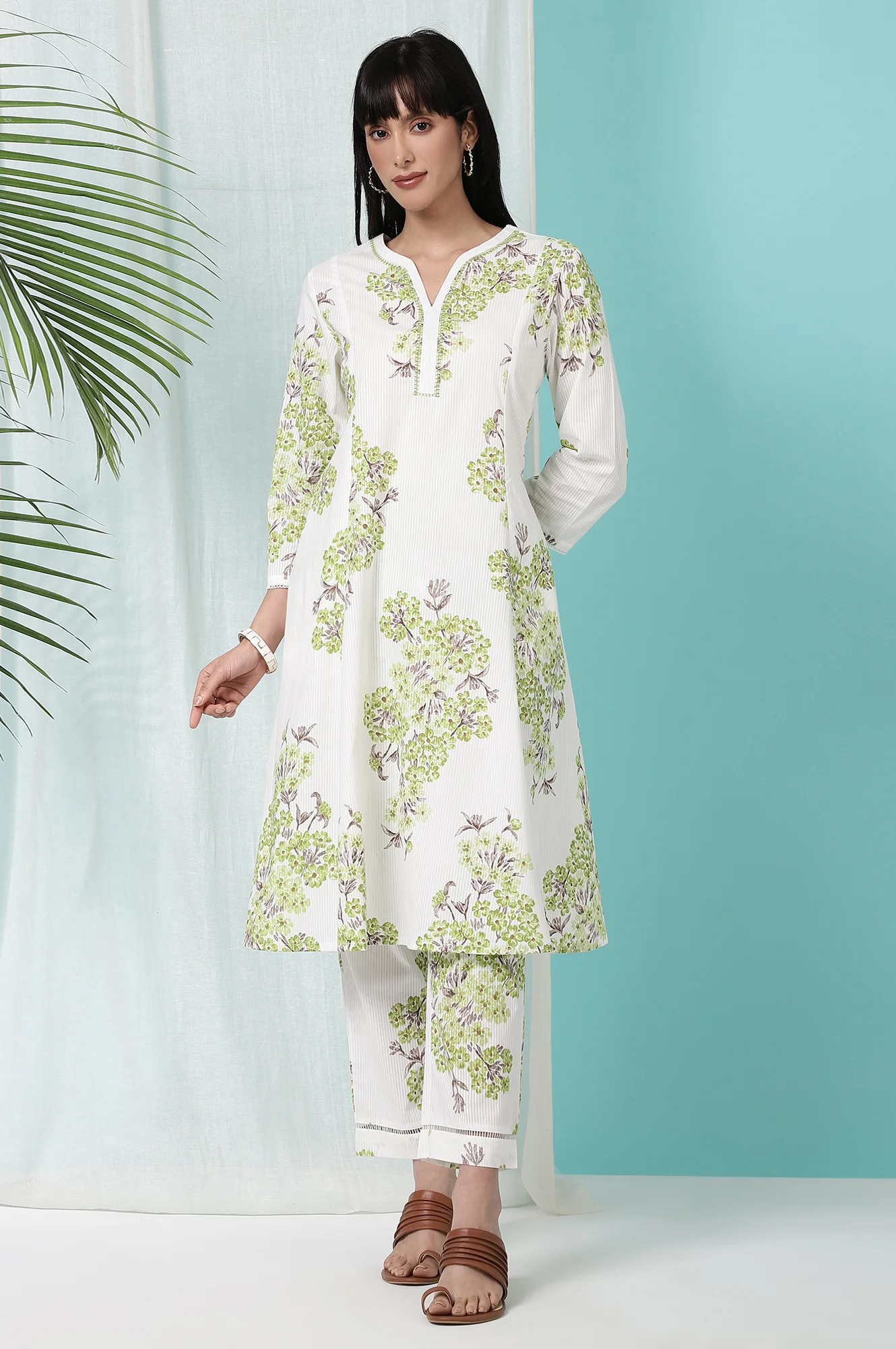 White Floral Printed Pure Cotton Flared Kurta and Pants Co-ord Set - Image 3