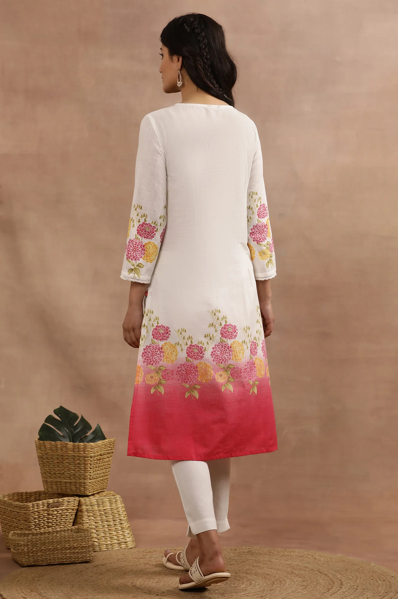 White And Pink Ombre Floral Printed Cotton Kurta - Image 4