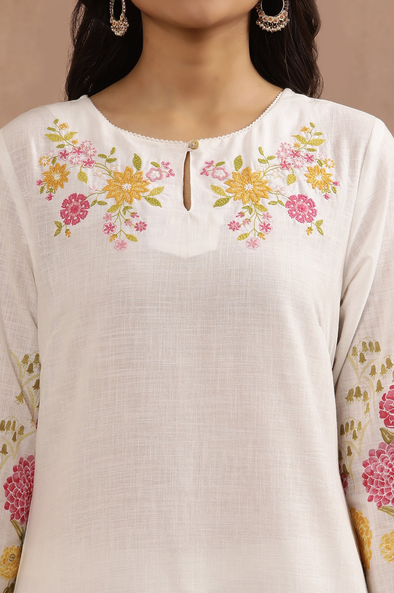 White And Pink Ombre Floral Printed Cotton Kurta - Image 6