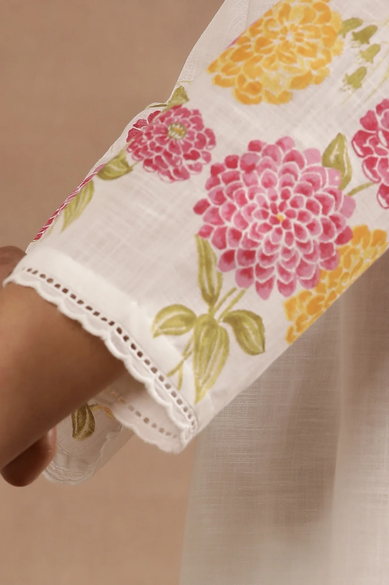 White And Pink Ombre Floral Printed Cotton Kurta - Image 7