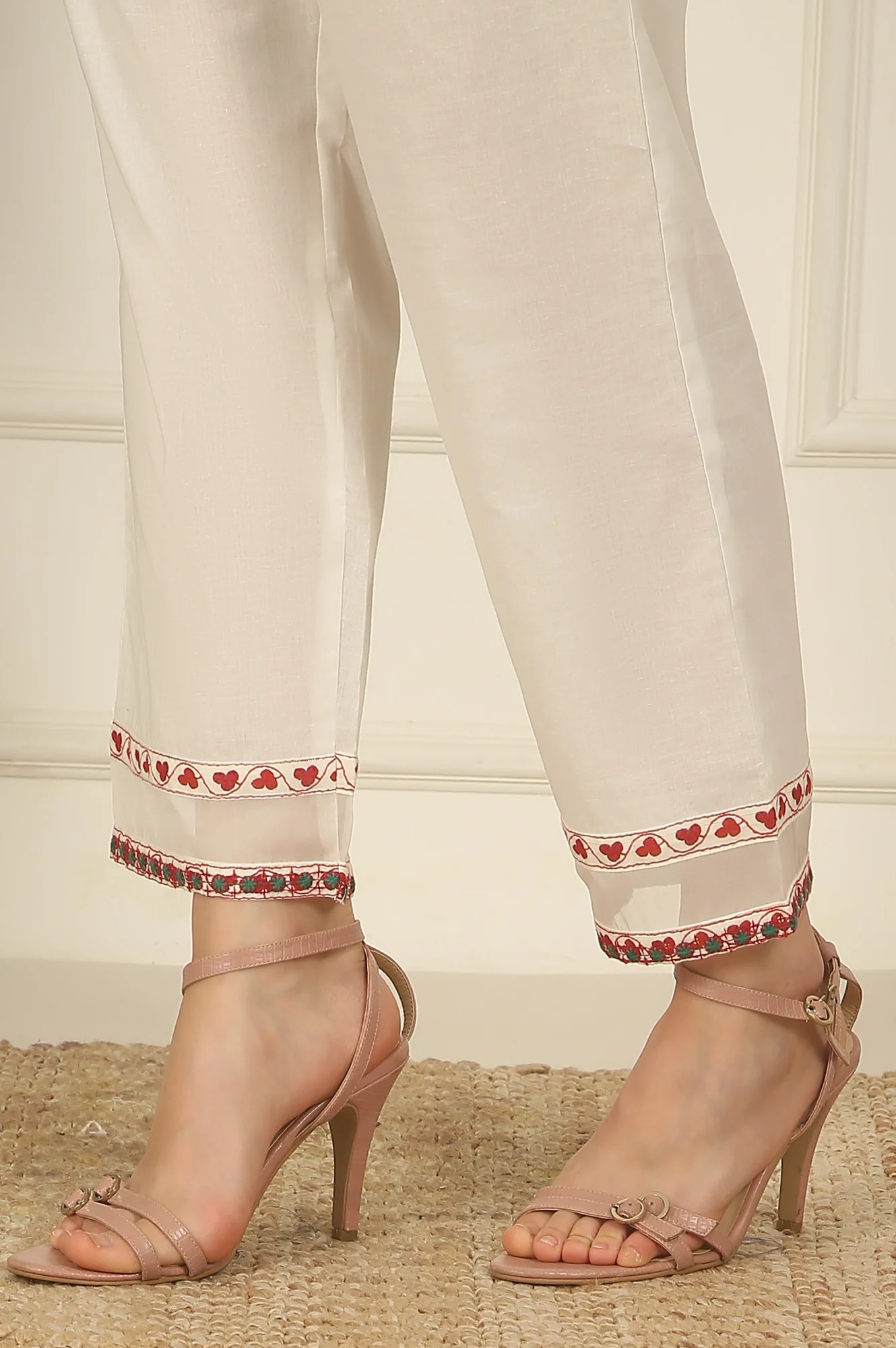 White and Pink Printed Cotton Lurex Anarkali Spaghetti Kurta, Pants and Dupatta Set - Image 10