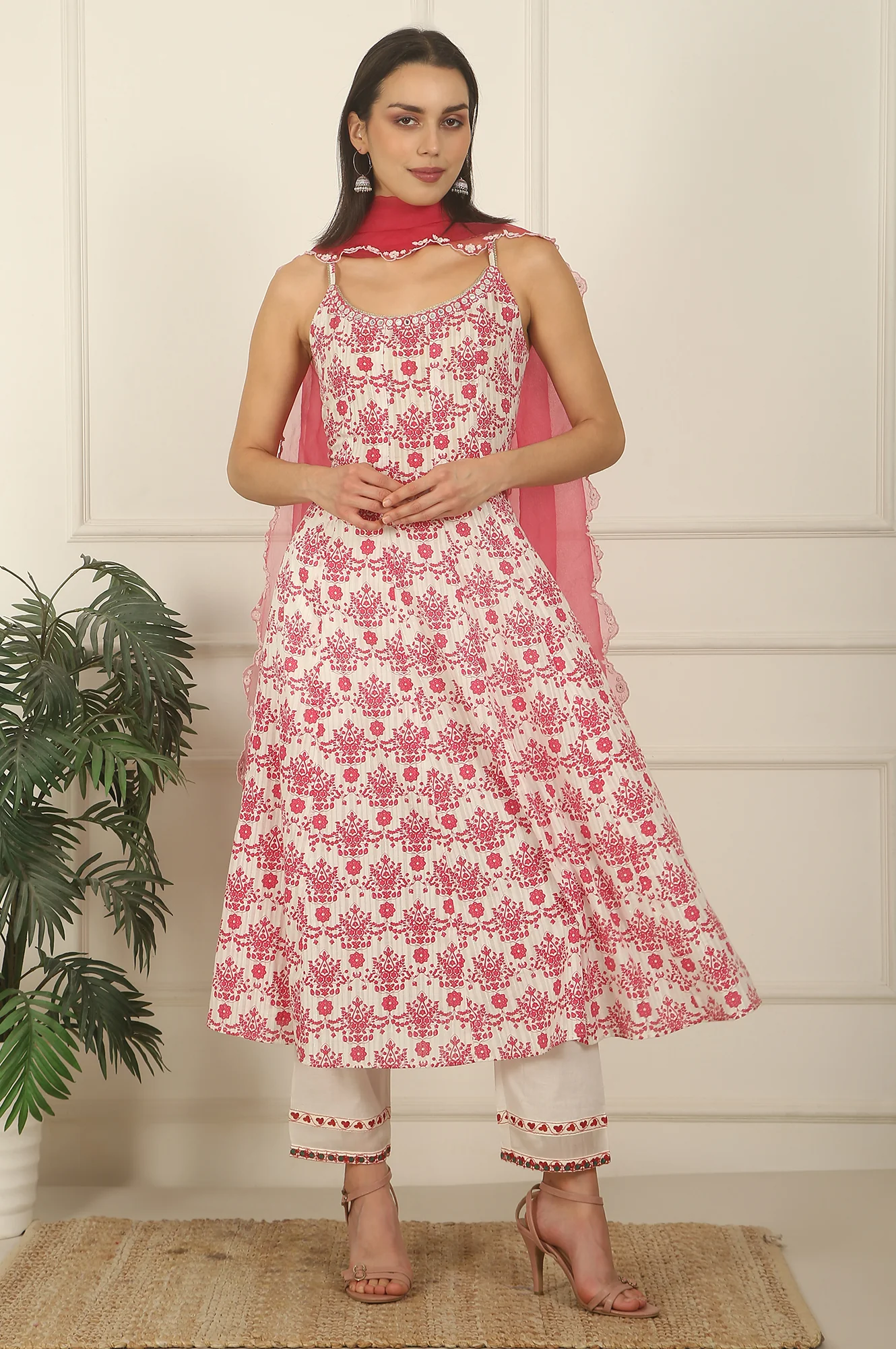 White and Pink Printed Cotton Lurex Anarkali Spaghetti Kurta, Pants and Dupatta Set - Image 2