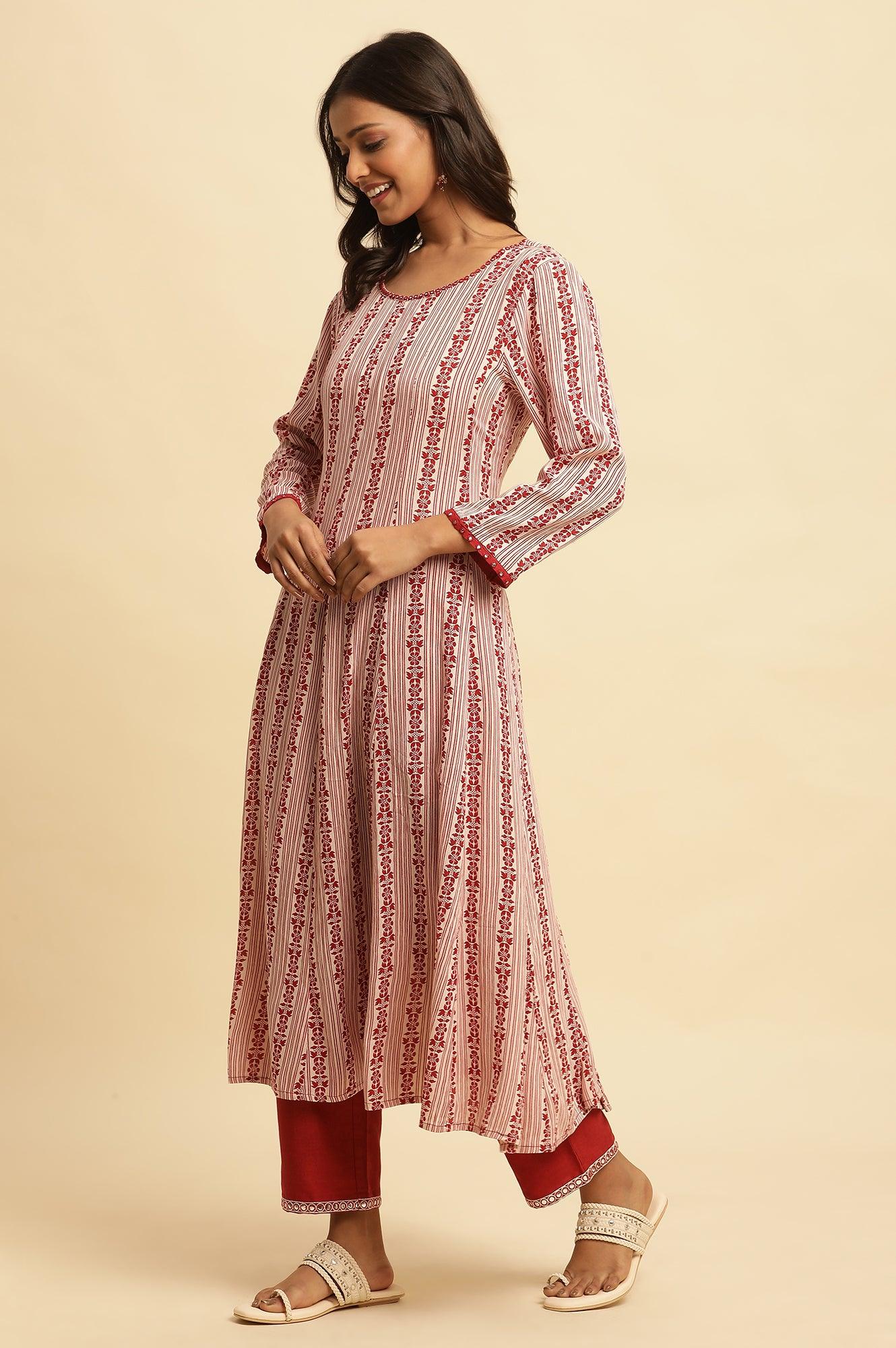 White and Red Printed A-line Cotton Kurta - Image 3