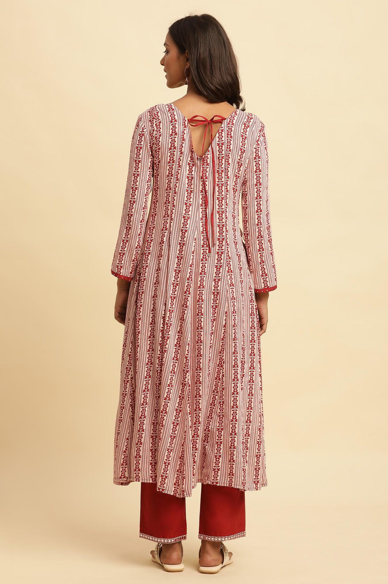 White and Red Printed A-line Cotton Kurta - Image 4