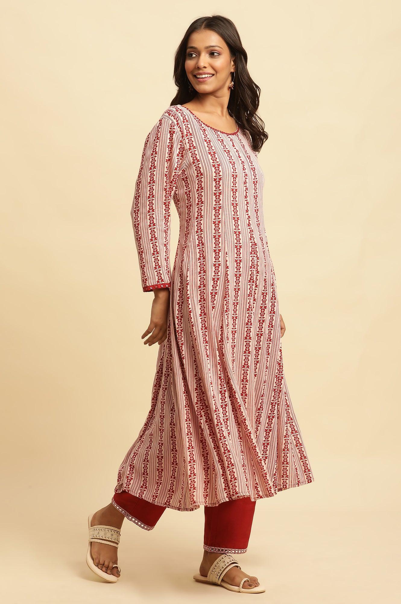 White and Red Printed A-line Cotton Kurta - Image 5