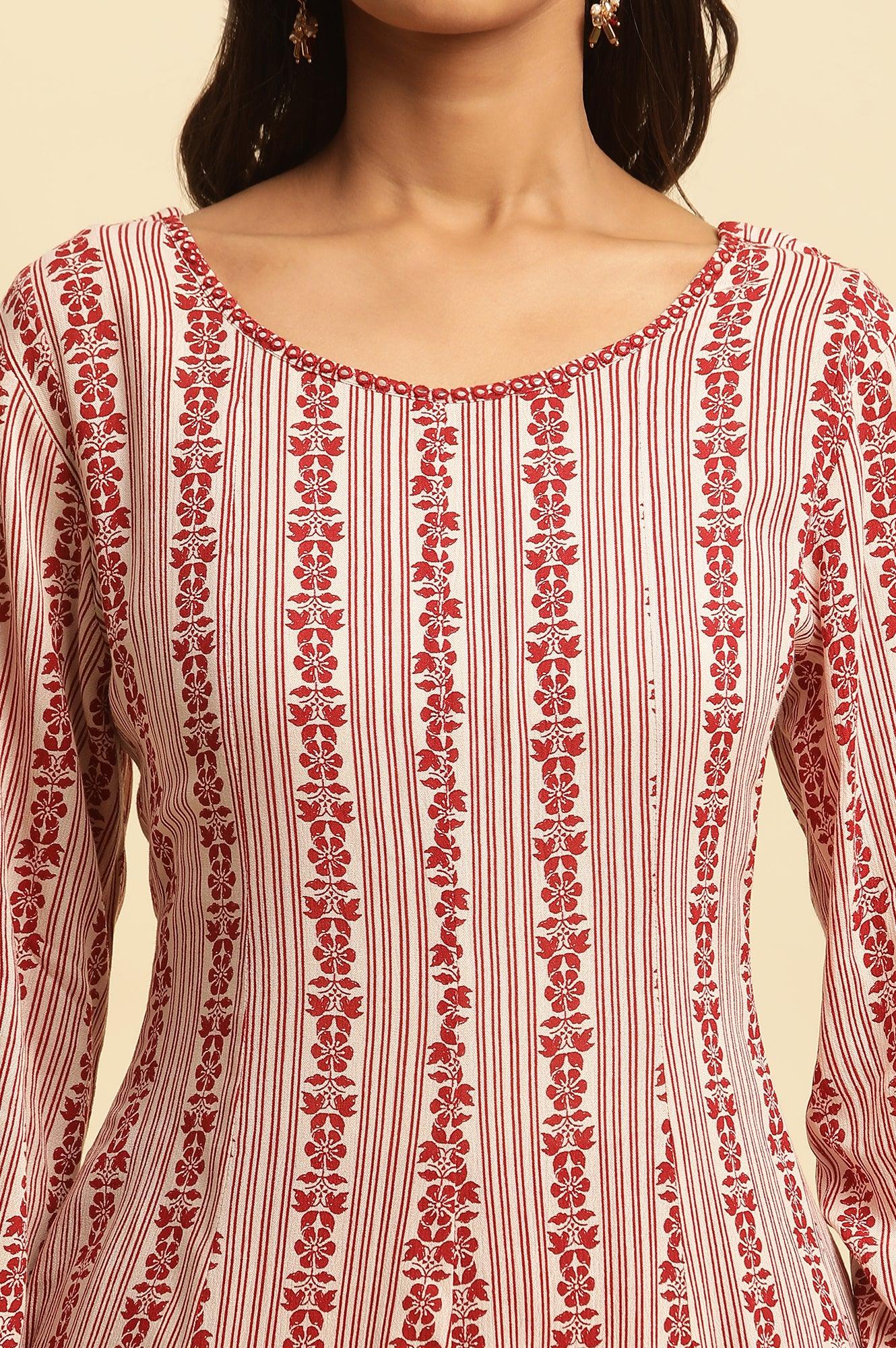 White and Red Printed A-line Cotton Kurta - Image 7