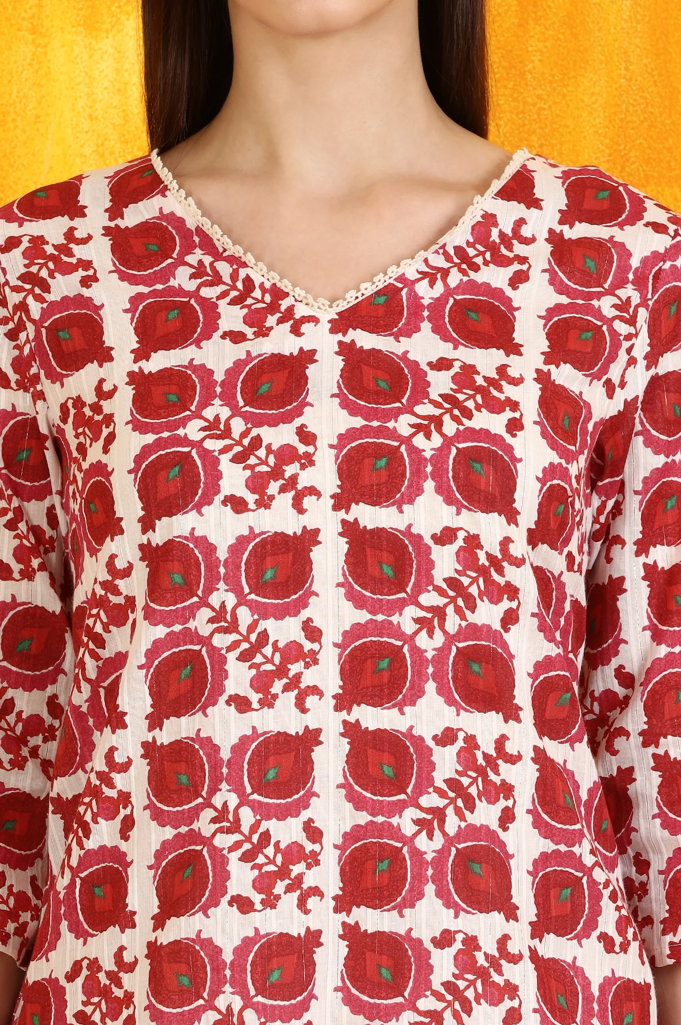White and Red Printed Cotton Lurex Straight Tunic - Image 4