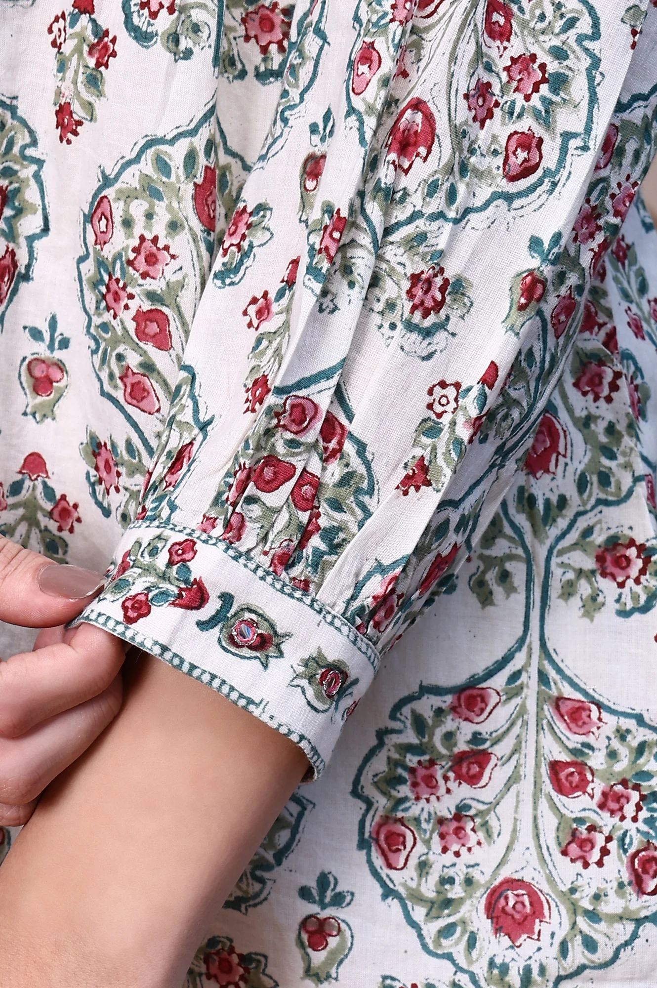 White Block Printed Pure Cotton A-line Fusion Top with Mirror Work - Image 7