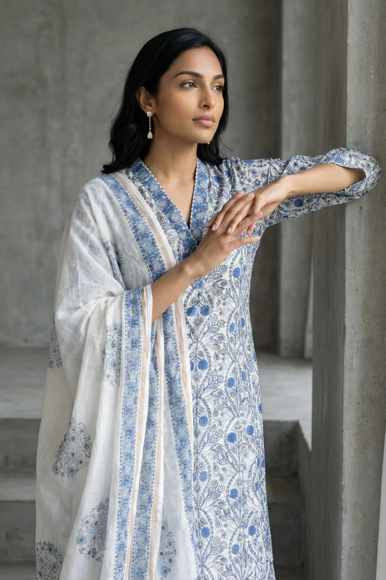 White Block Printed Pure Cotton Straight Kurta with Pants and Dupatta Set - Image 2