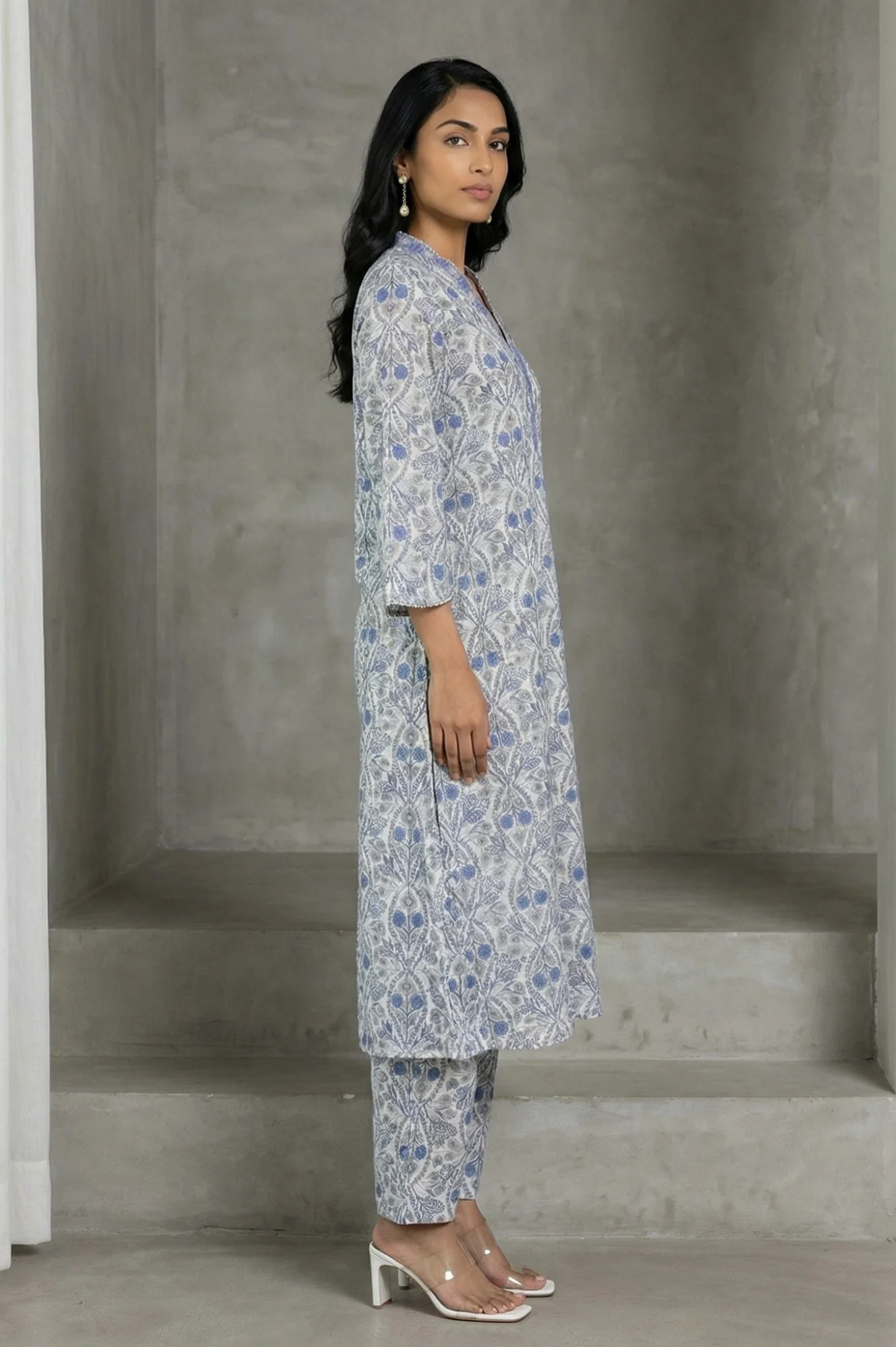 White Block Printed Pure Cotton Straight Kurta with Pants and Dupatta Set - Image 6