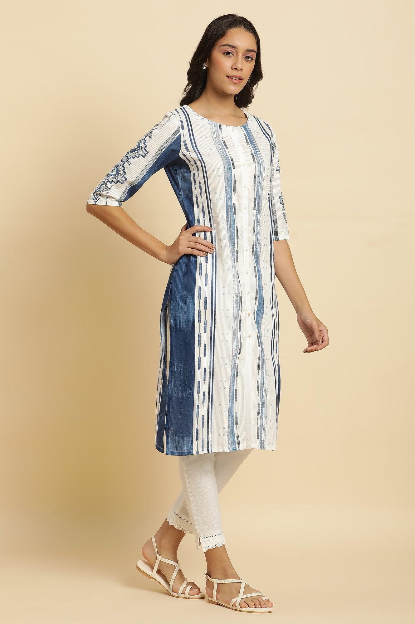 White & Blue Kantha Printed Kurta - Image 5
